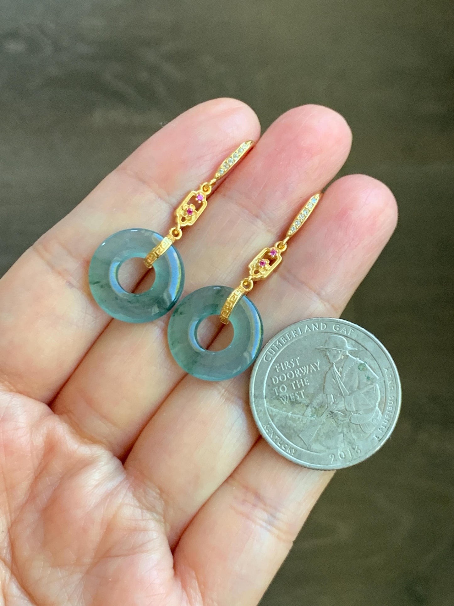 Natural Grade A Guatemalan Icy Translucent Teal Green Marbled Jade Jadeite Ping An Kou Donut Earrings Sterling Silver 天然冰危飘花翡翠平安扣耳钩 WPHG110