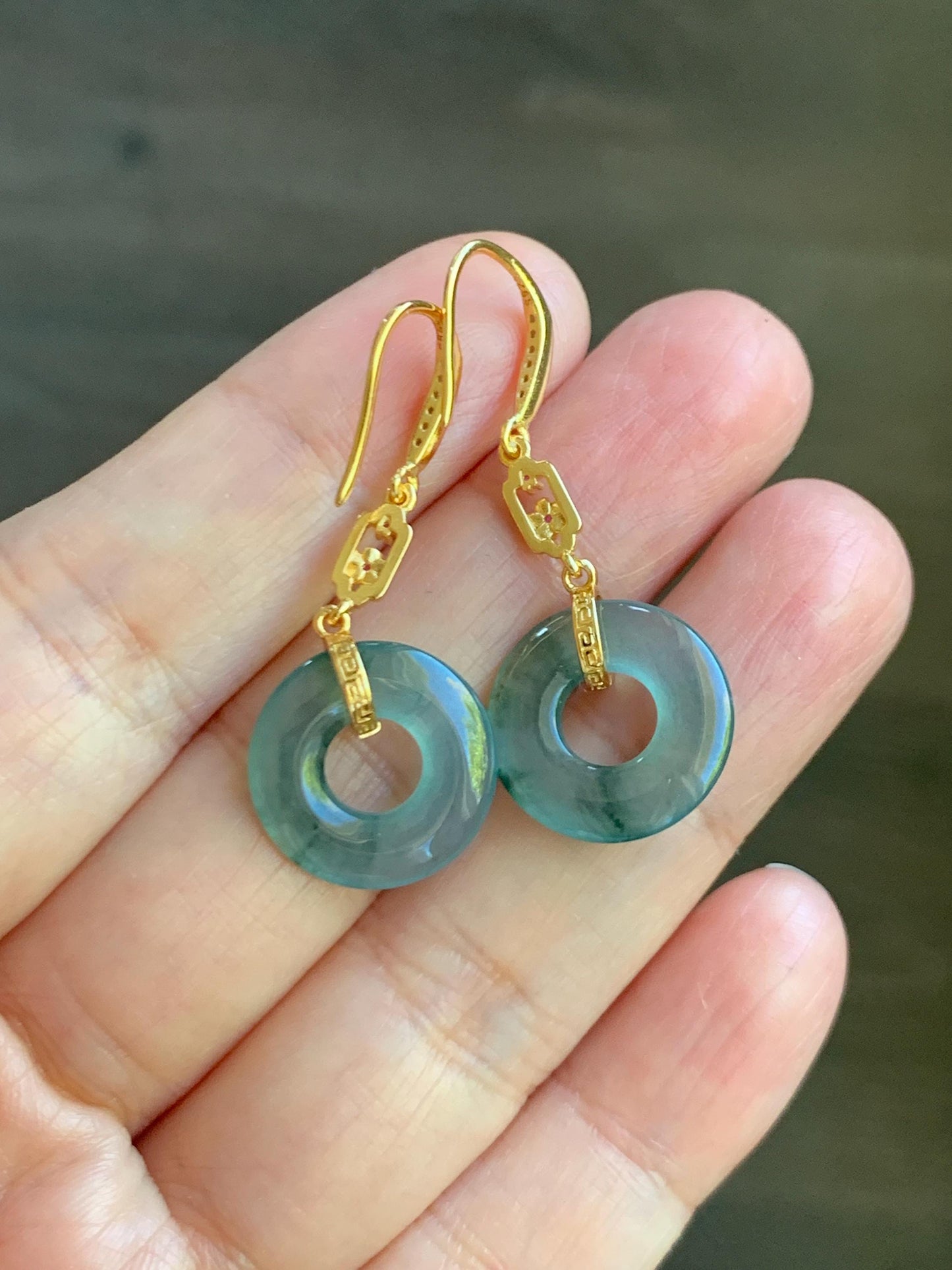 Natural Grade A Guatemalan Icy Translucent Teal Green Marbled Jade Jadeite Ping An Kou Donut Earrings Sterling Silver 天然冰危飘花翡翠平安扣耳钩 WPHG110