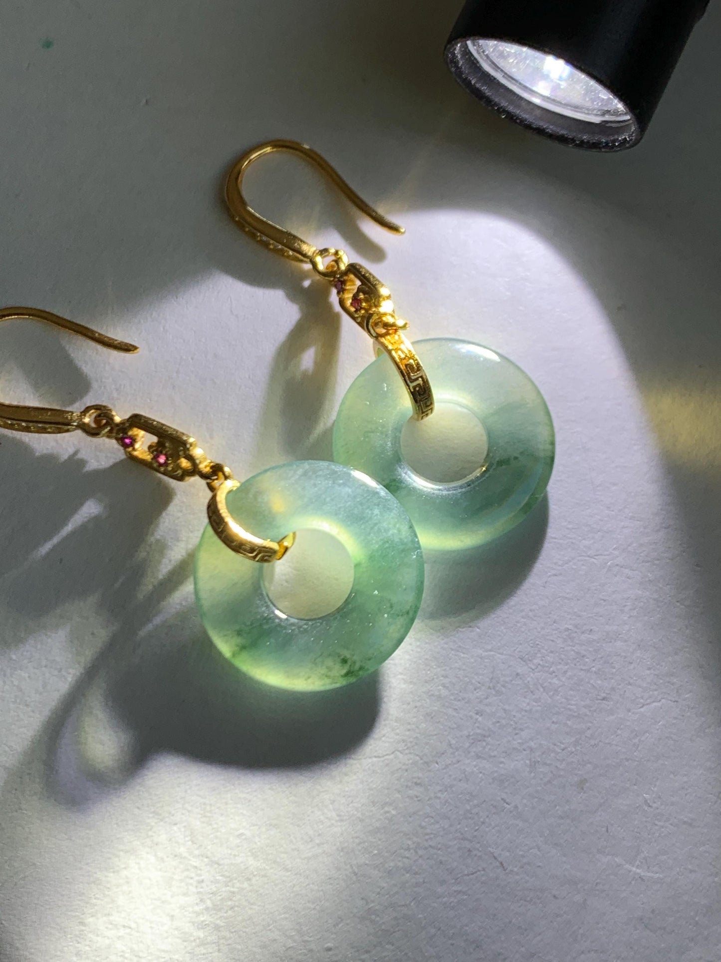Natural Grade A Guatemalan Icy Translucent Teal Green Marbled Jade Jadeite Ping An Kou Donut Earrings Sterling Silver 天然冰危飘花翡翠平安扣耳钩 WPHG110