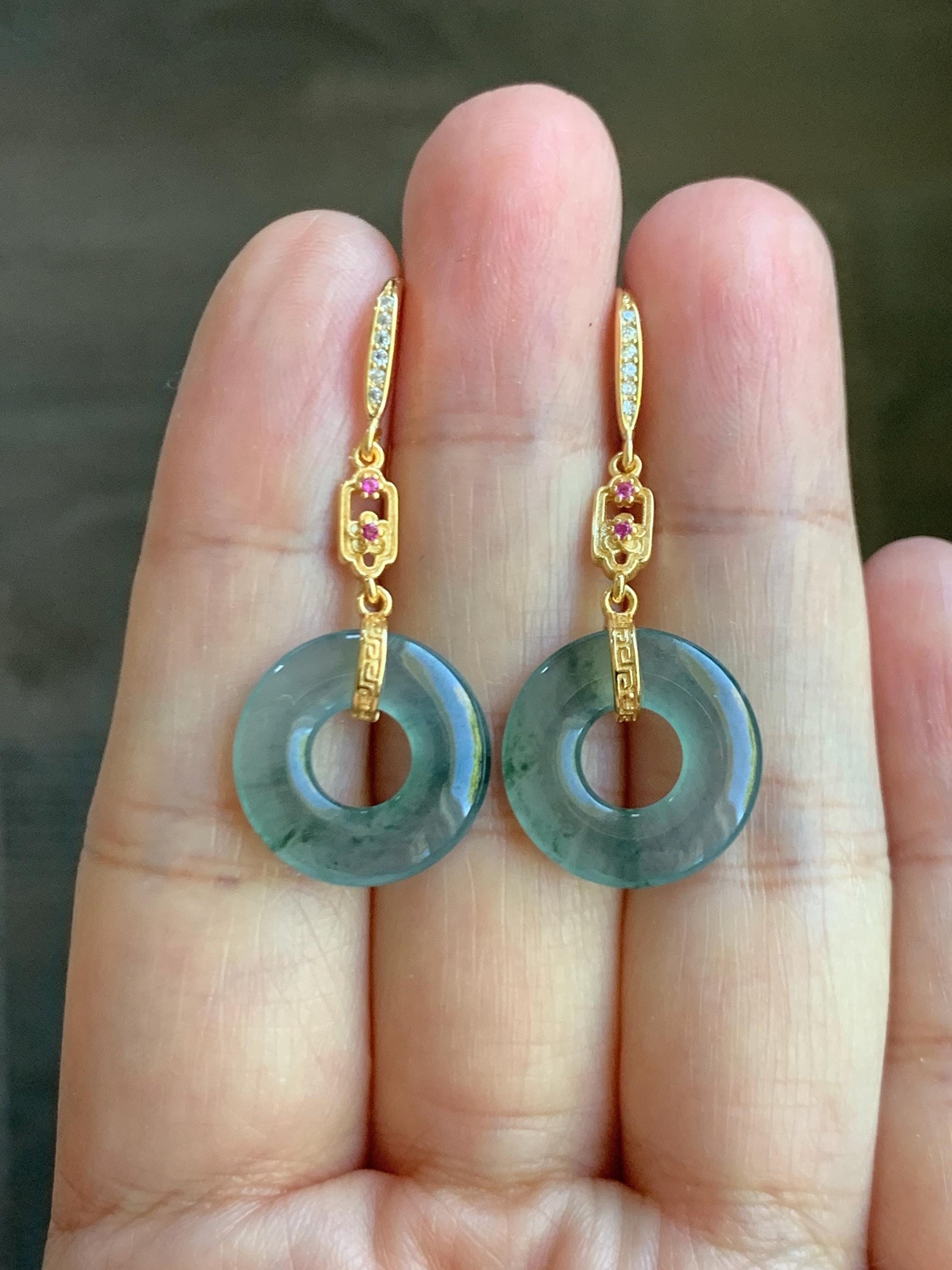 Natural Grade A Guatemalan Icy Translucent Teal Green Marbled Jade Jadeite Ping An Kou Donut Earrings Sterling Silver 天然冰危飘花翡翠平安扣耳钩 WPHG110