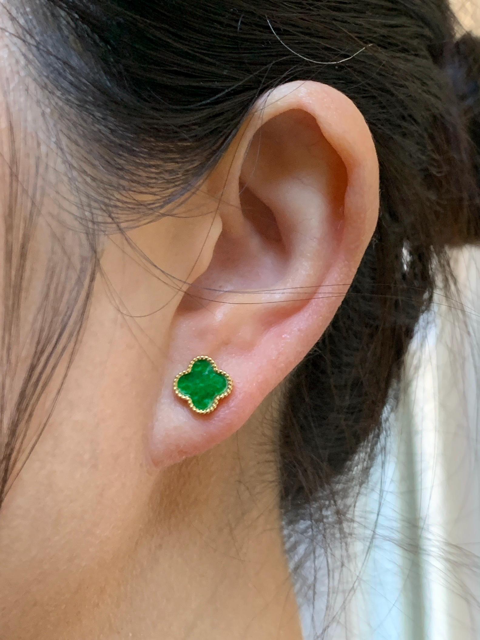Natural Grade A Vibrant Green Jade Jadeite Clover Leaf Stud Earrings S925 Sterling Silver Yellow Gold Overlay 天然阳绿花青翡翠四叶草贝母银镶耳钉 C