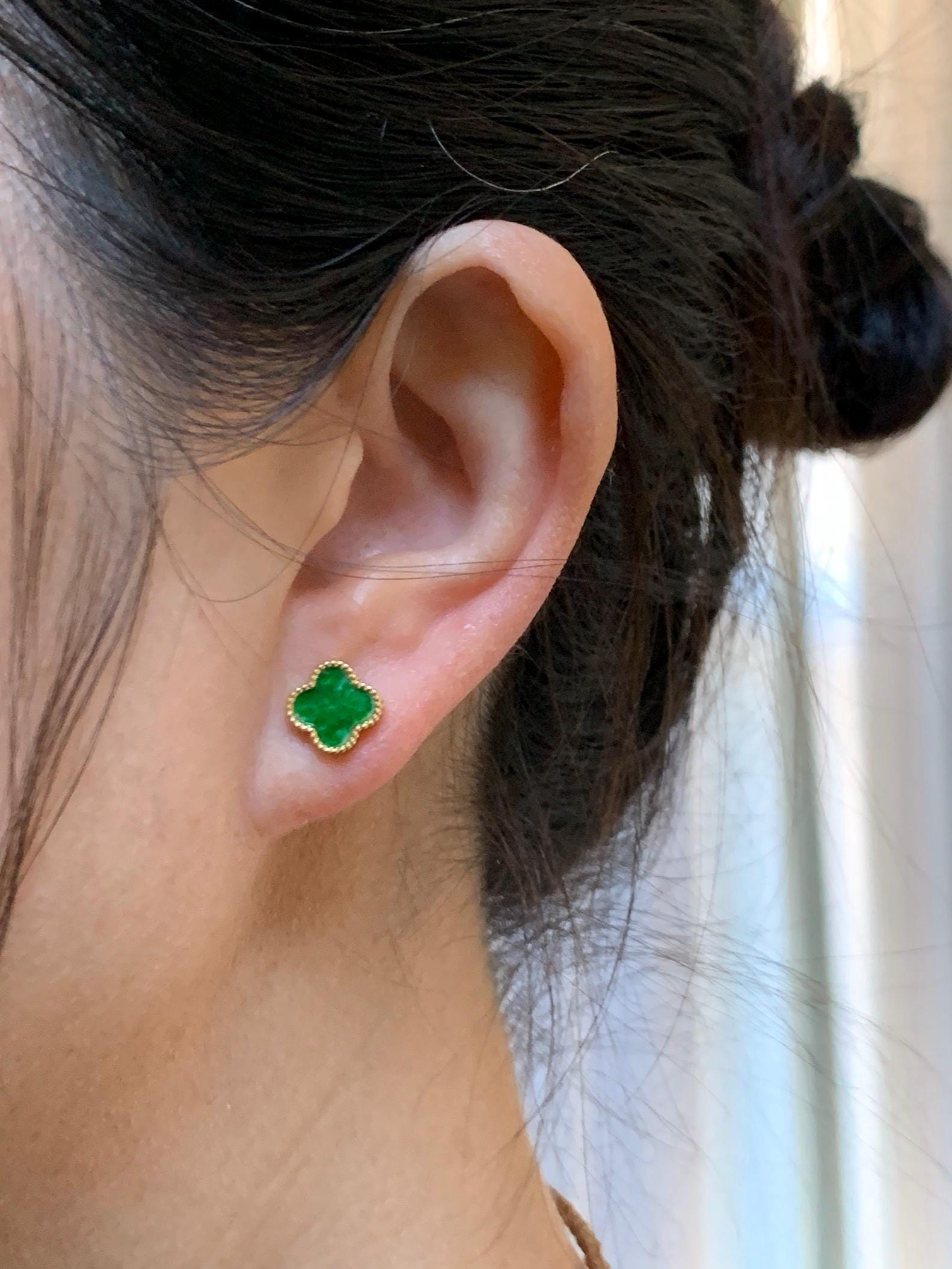 Natural Grade A Vibrant Green Jade Jadeite Clover Leaf Stud Earrings S925 Sterling Silver Yellow Gold Overlay 天然阳绿花青翡翠四叶草贝母银镶耳钉 C