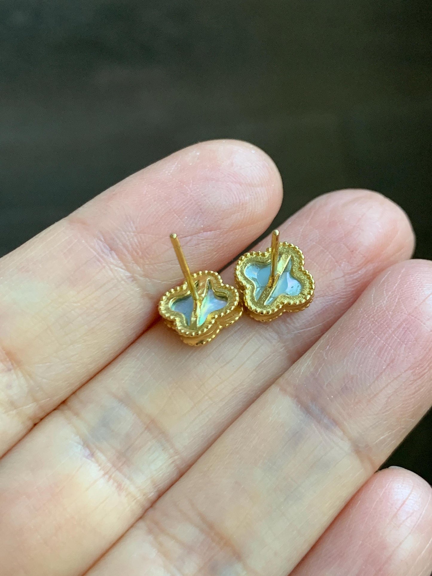 Natural Grade A Vibrant Green Jade Jadeite Clover Leaf Stud Earrings S925 Sterling Silver Yellow Gold Overlay 天然阳绿花青翡翠四叶草贝母银镶耳钉 C