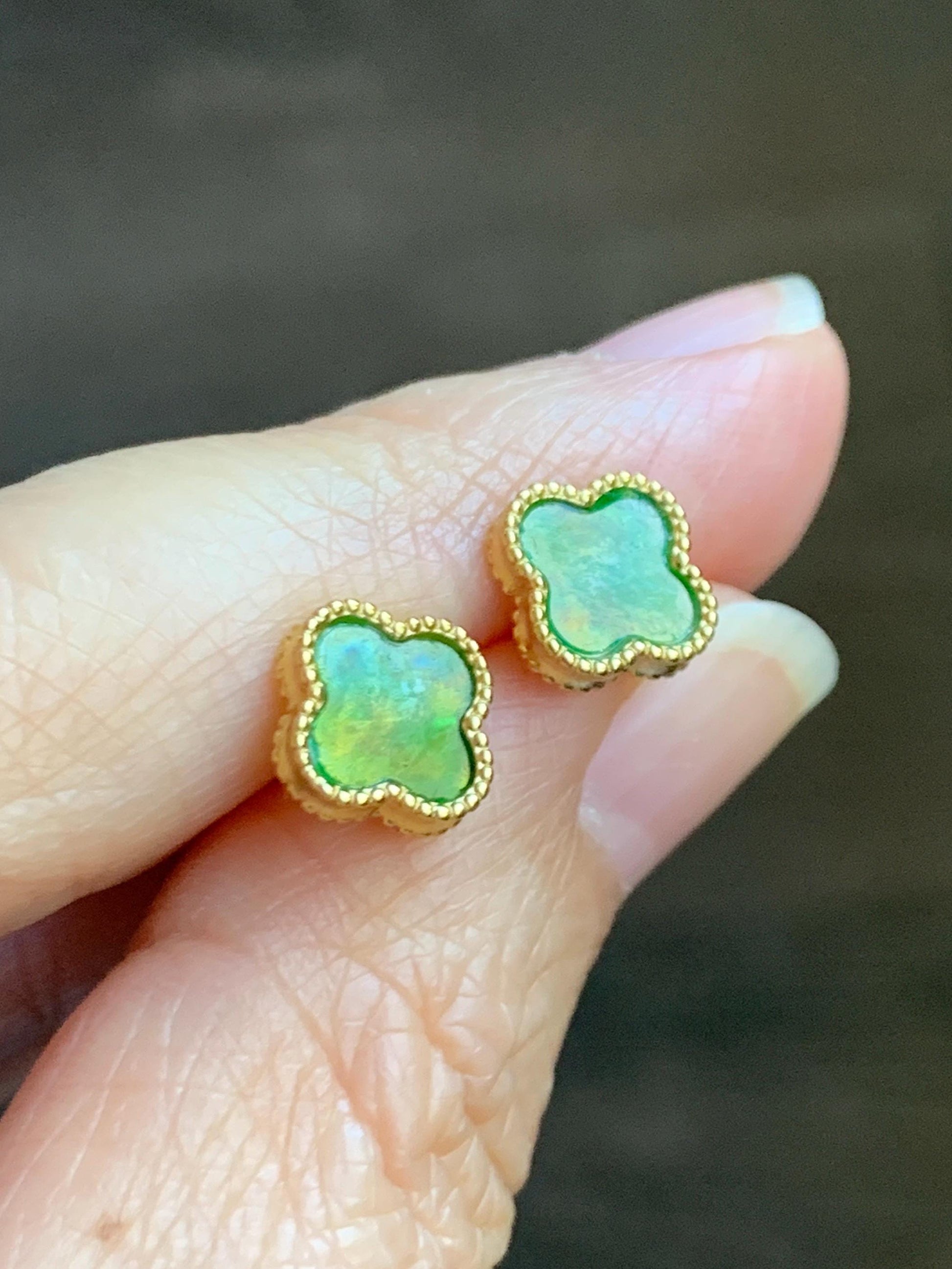 Natural Grade A Vibrant Green Jade Jadeite Clover Leaf Stud Earrings S925 Sterling Silver Yellow Gold Overlay 天然阳绿花青翡翠四叶草贝母银镶耳钉 C
