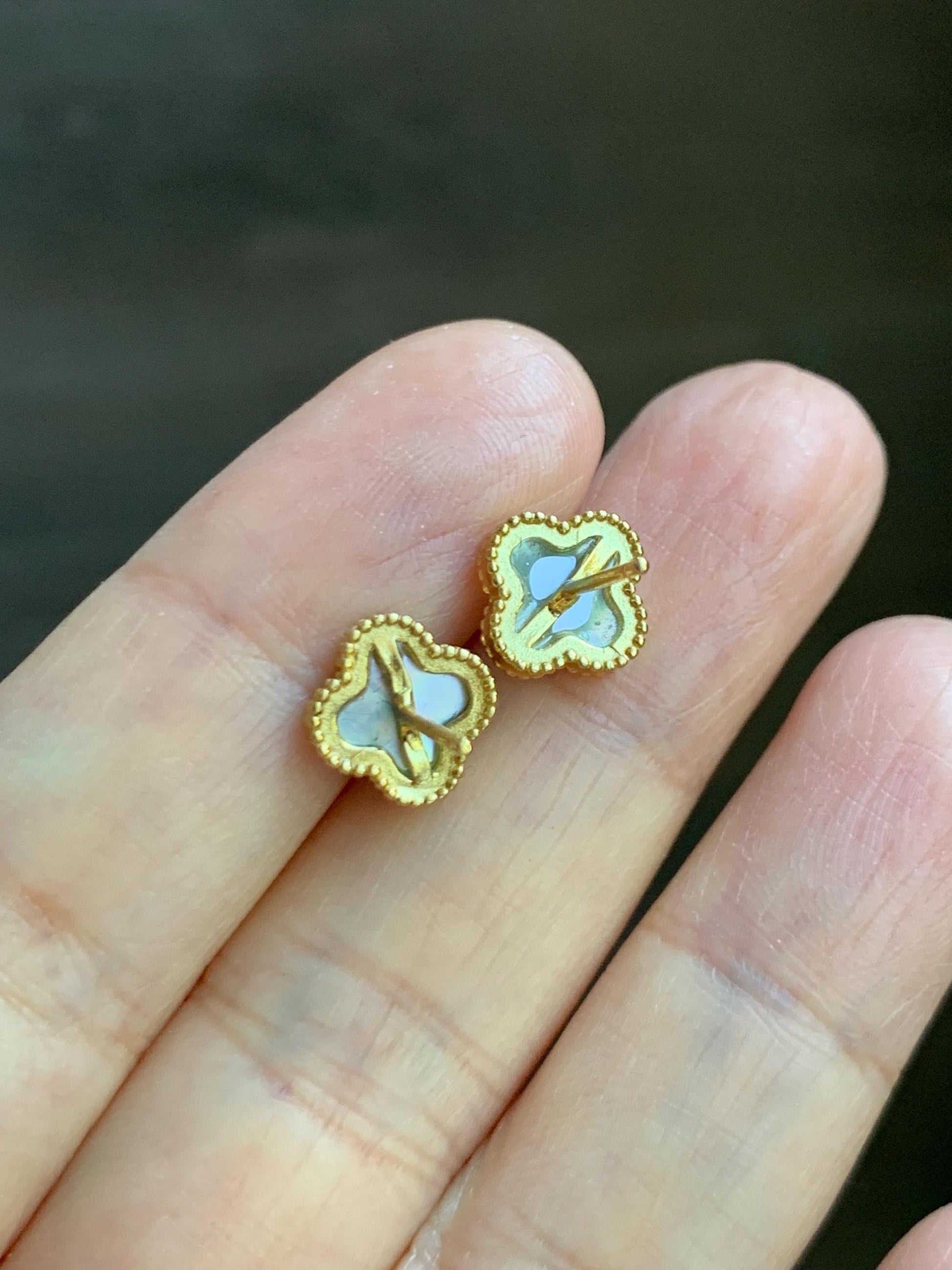 Natural Grade A Vibrant Green Jade Jadeite Clover Leaf Stud Earrings S925 Sterling Silver Yellow Gold Overlay 天然阳绿花青翡翠四叶草贝母银镶耳钉 C