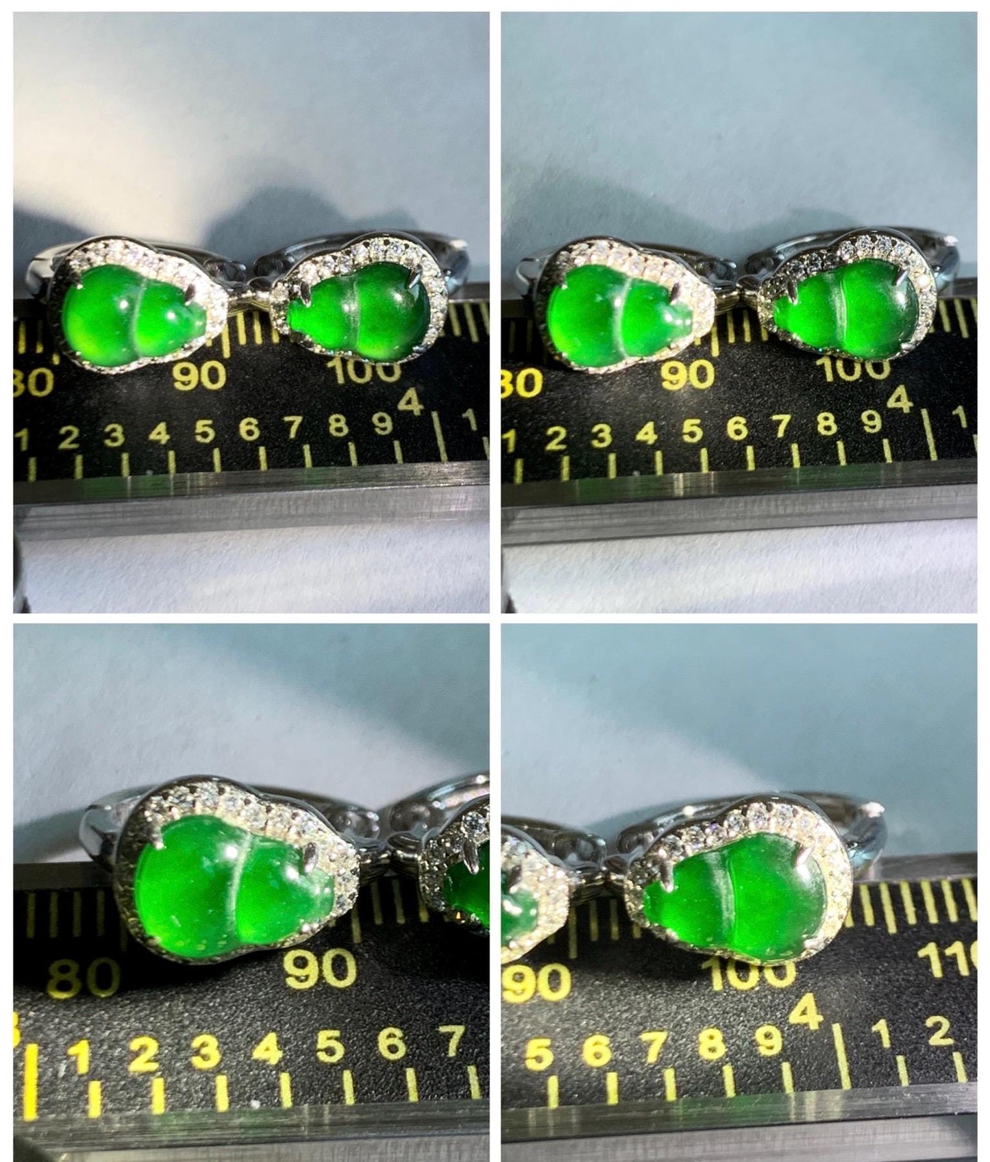 Natural Grade A Guatemalan Icy Translucent Vibrant Green Jade Jadeite Gourd Hulu Hoop Huggie Earrings Sterling Silver 天然冰危绿翡翠葫芦银镶耳包 WDH110