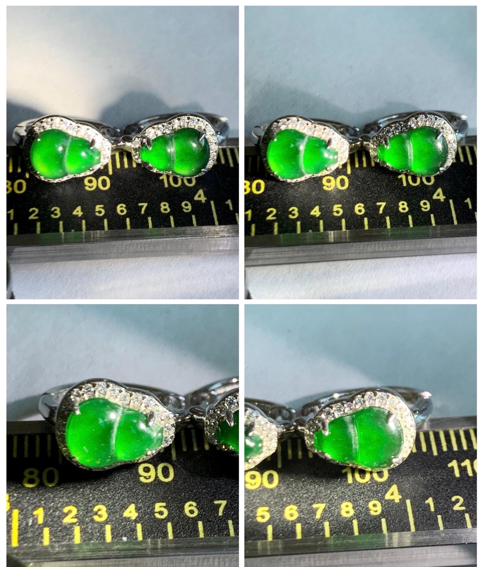Natural Grade A Guatemalan Icy Translucent Vibrant Green Jade Jadeite Gourd Hulu Hoop Huggie Earrings Sterling Silver 天然冰危绿翡翠葫芦银镶耳包 WDH110
