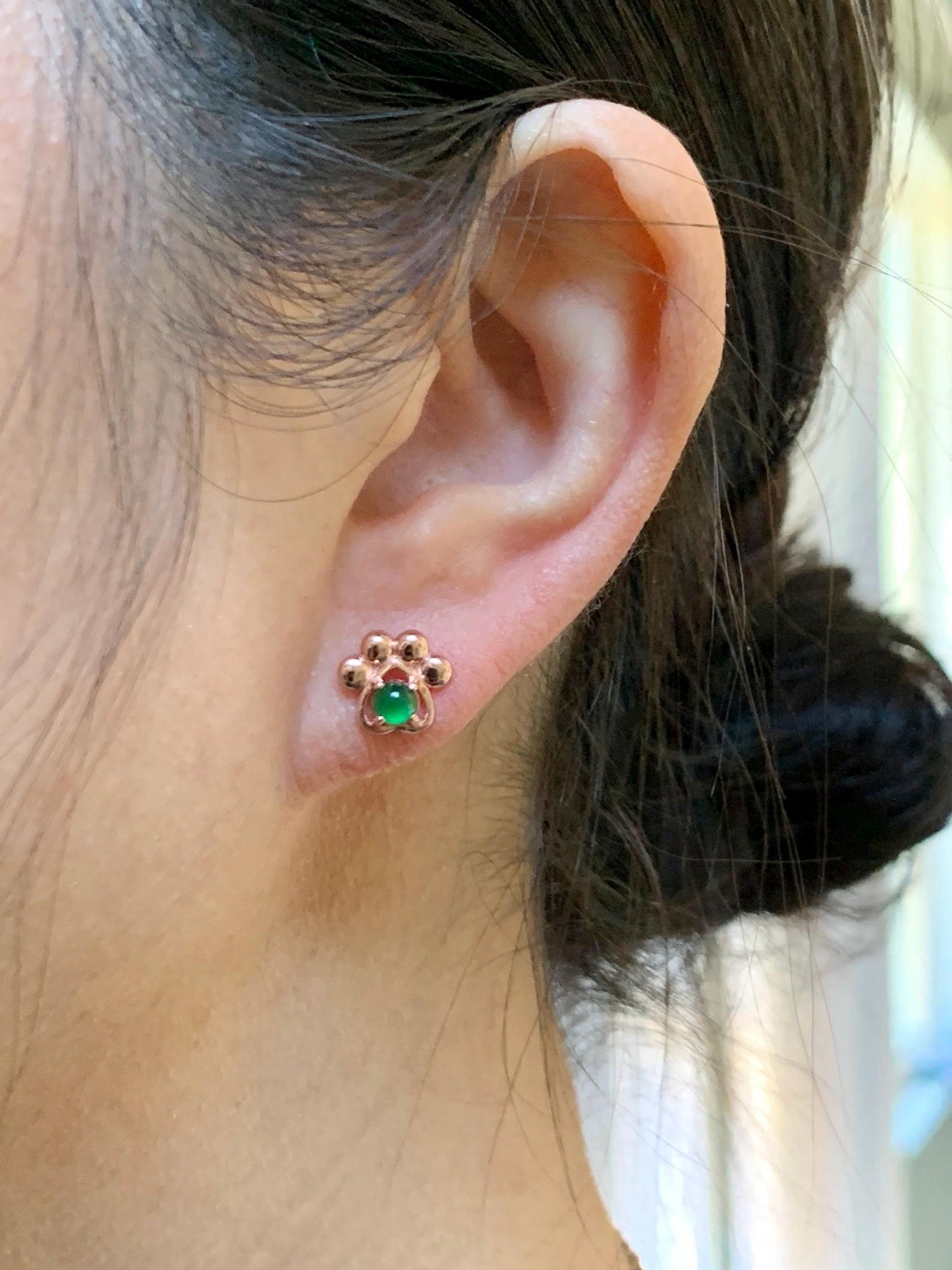 Natural Grade A Guatemalan Icy Translucent Vibrant Green Jade Jadeite Paw Print Stud Earrings Sterling Silver RG Overlay 天然冰危绿翡翠爪印耳钉 WLP55