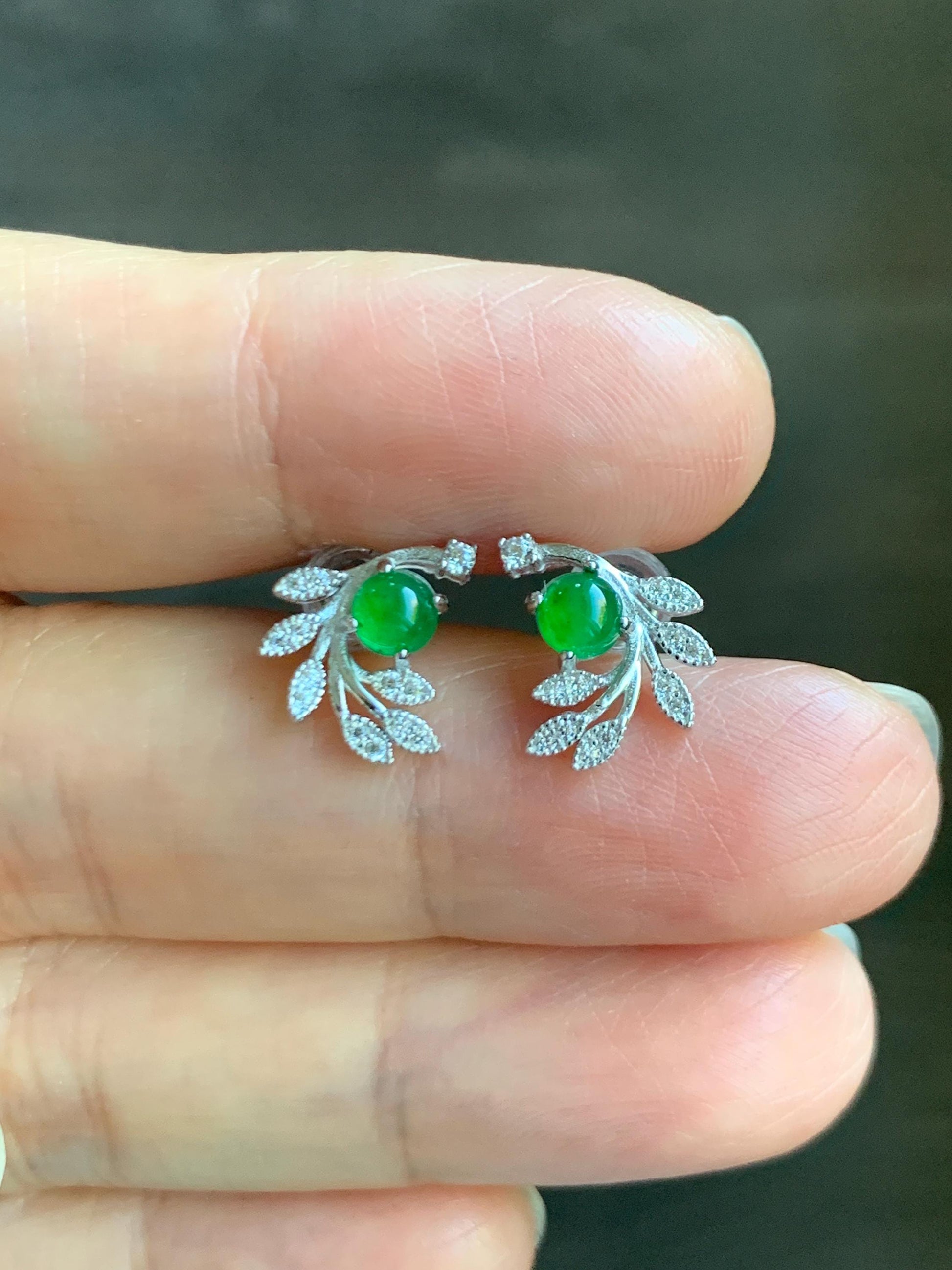 Natural Grade A Guatemalan Icy Translucent Vibrant Green Jade Jadeite Stud Earrings Sterling Silver 天然冰危绿翡翠耳钉 WXH55