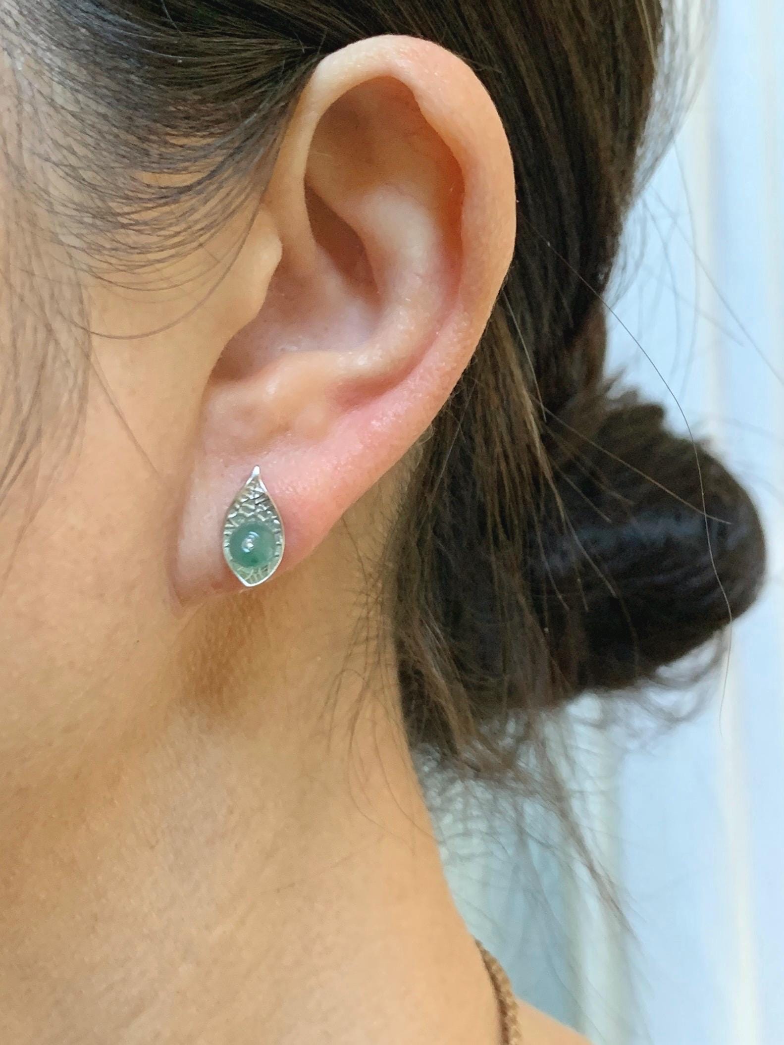 Natural Guatemalan Grade A Icy Highly Translucent Light Teal Green Jadeite Beads Stud Earrings Sterling Silver 天然冰危晴蓝翡翠小圆珠耳钉 DZY66