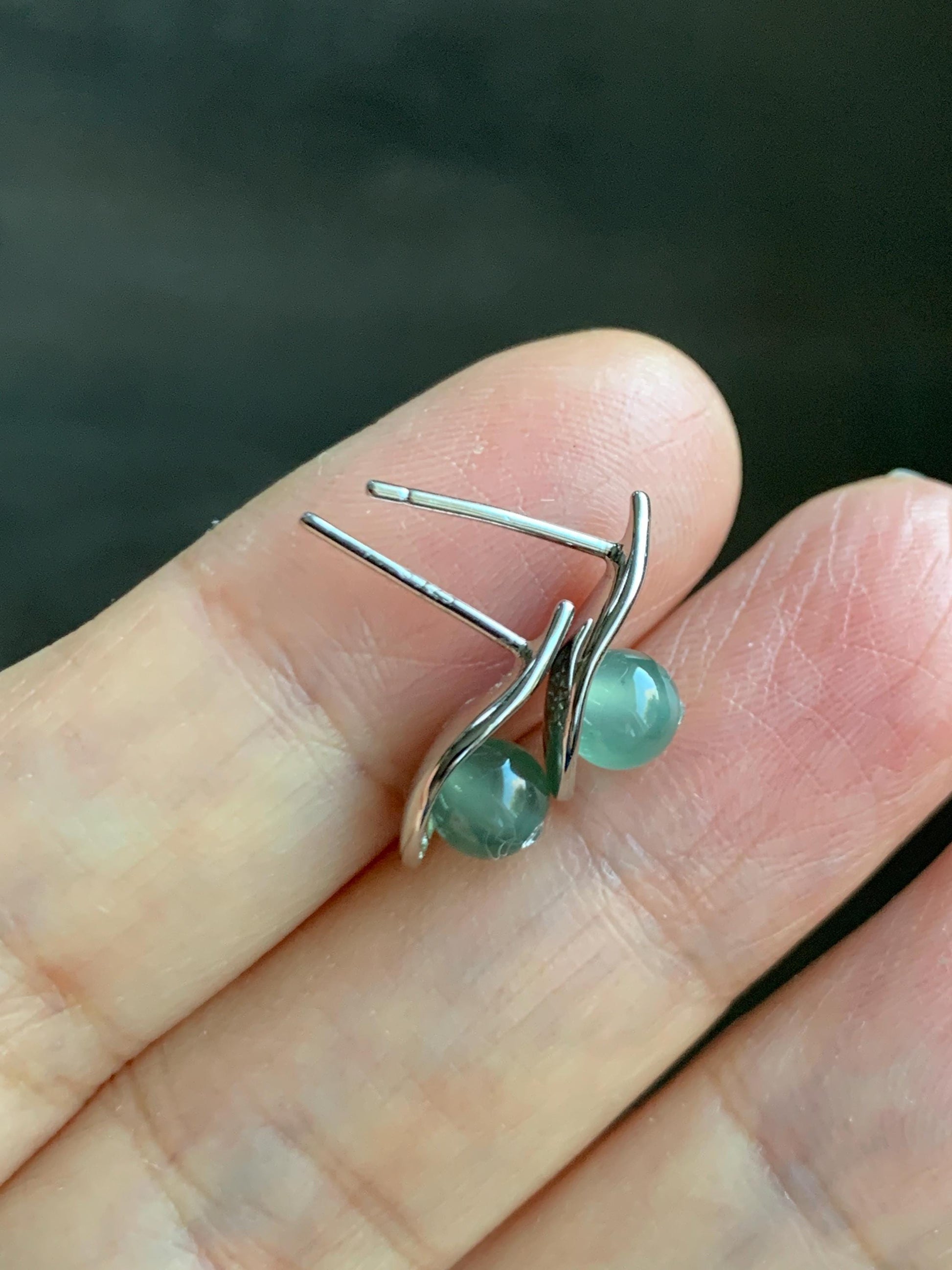Natural Guatemalan Grade A Icy Highly Translucent Light Teal Green Jadeite Beads Stud Earrings Sterling Silver 天然冰危晴蓝翡翠小圆珠耳钉 DZY66