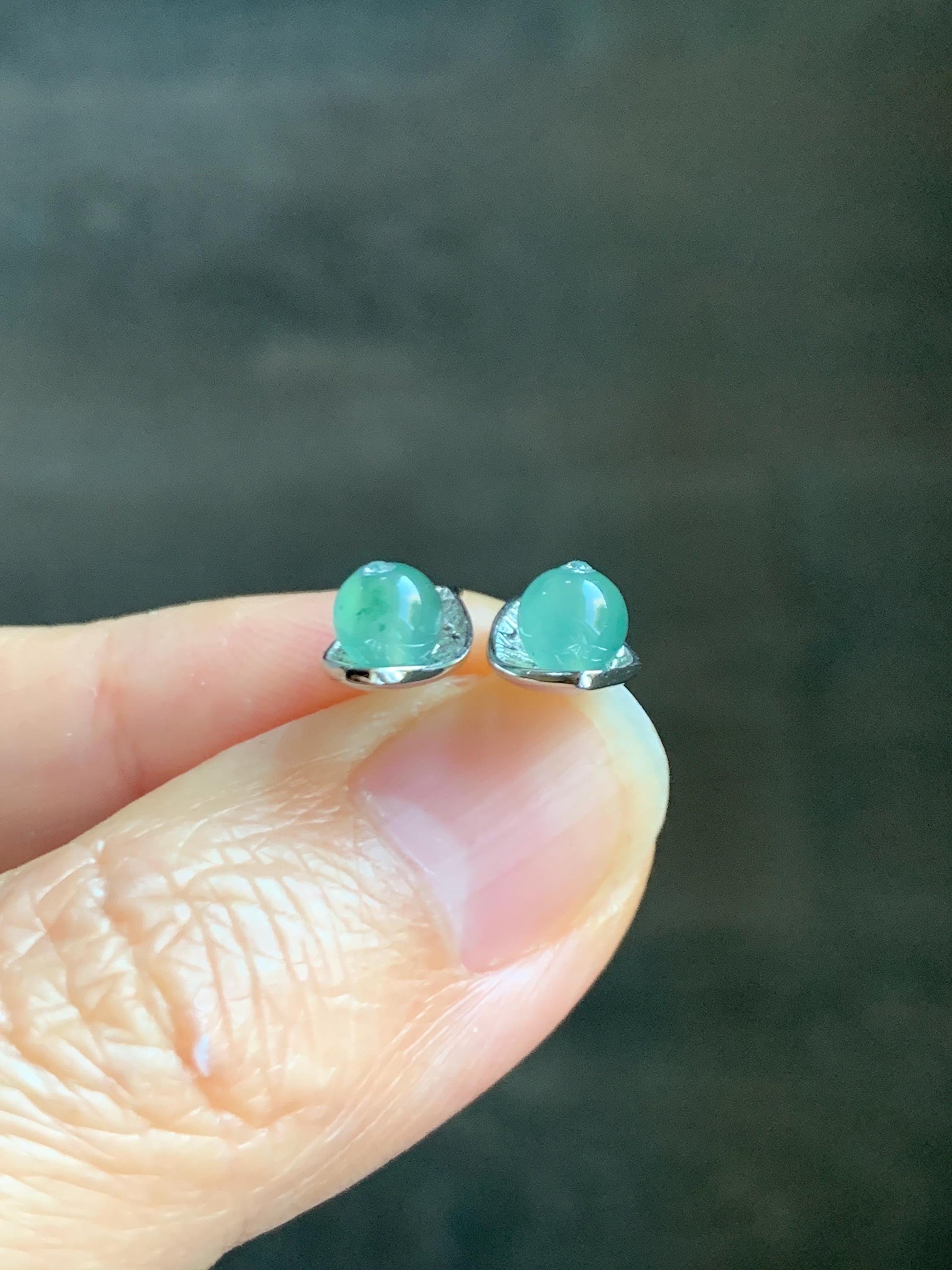 Natural Guatemalan Grade A Icy Highly Translucent Light Teal Green Jadeite Beads Stud Earrings Sterling Silver 天然冰危晴蓝翡翠小圆珠耳钉 DZY66