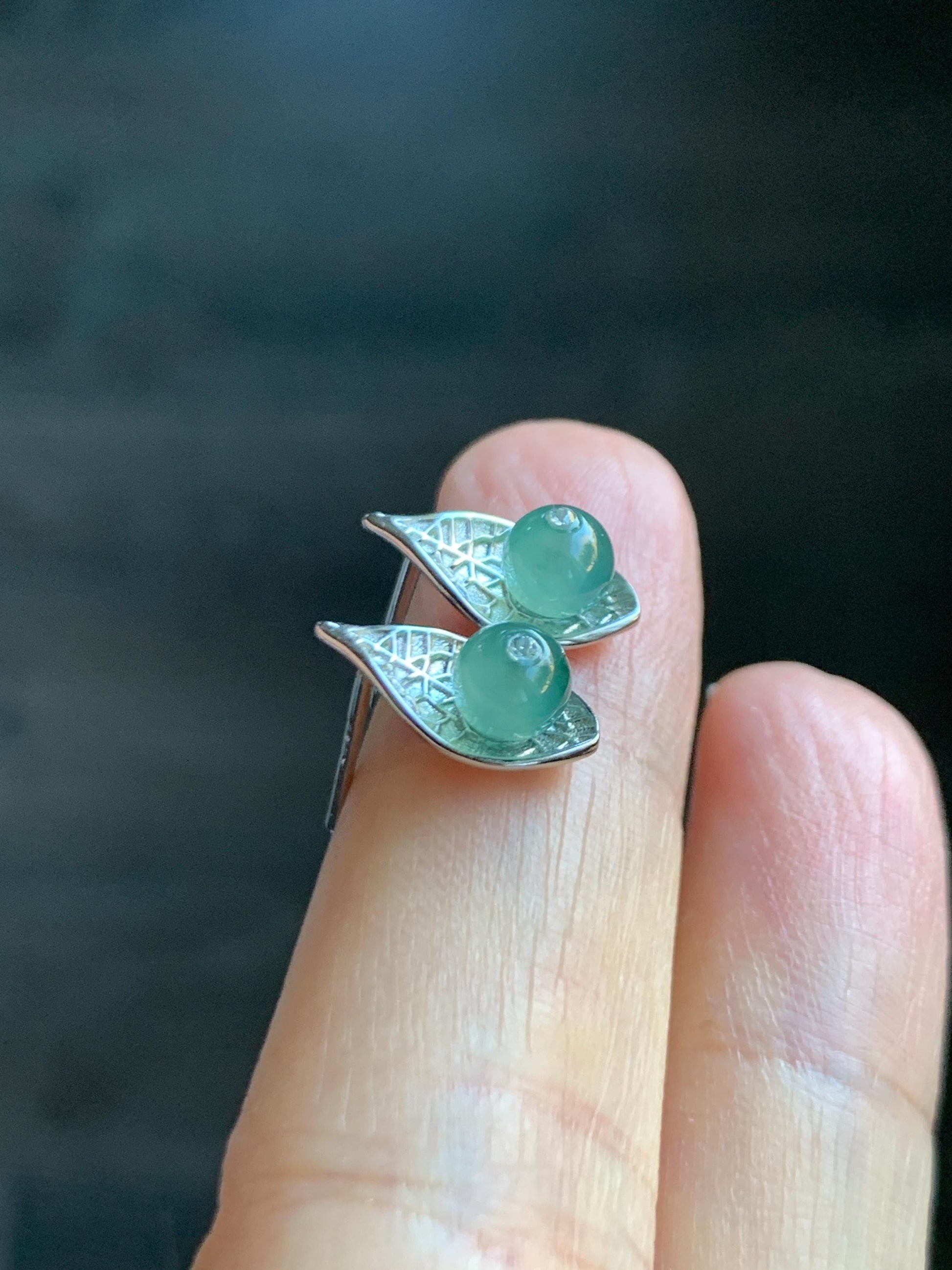 Natural Guatemalan Grade A Icy Highly Translucent Light Teal Green Jadeite Beads Stud Earrings Sterling Silver 天然冰危晴蓝翡翠小圆珠耳钉 DZY66
