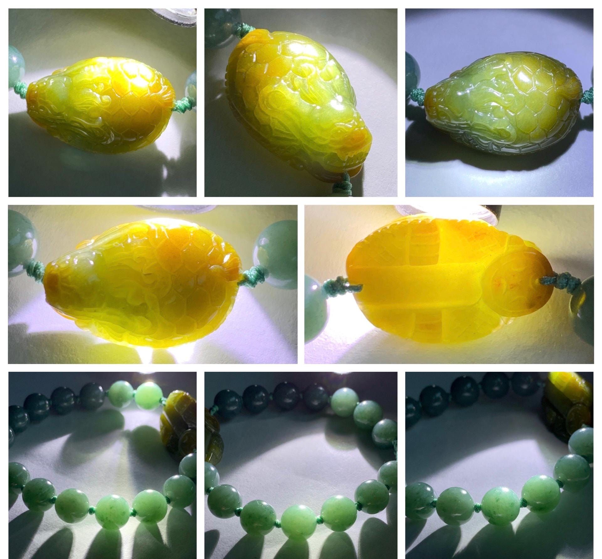 Natural Grade A Guatemalan Translucent Yellow Marbled Jade Jadeite Dragon Turtle Dark Teal Beaded Bracelet 7.75” 33g 天然冰危茶黄翡翠龙龟危蓝圆珠手串 WLG-L