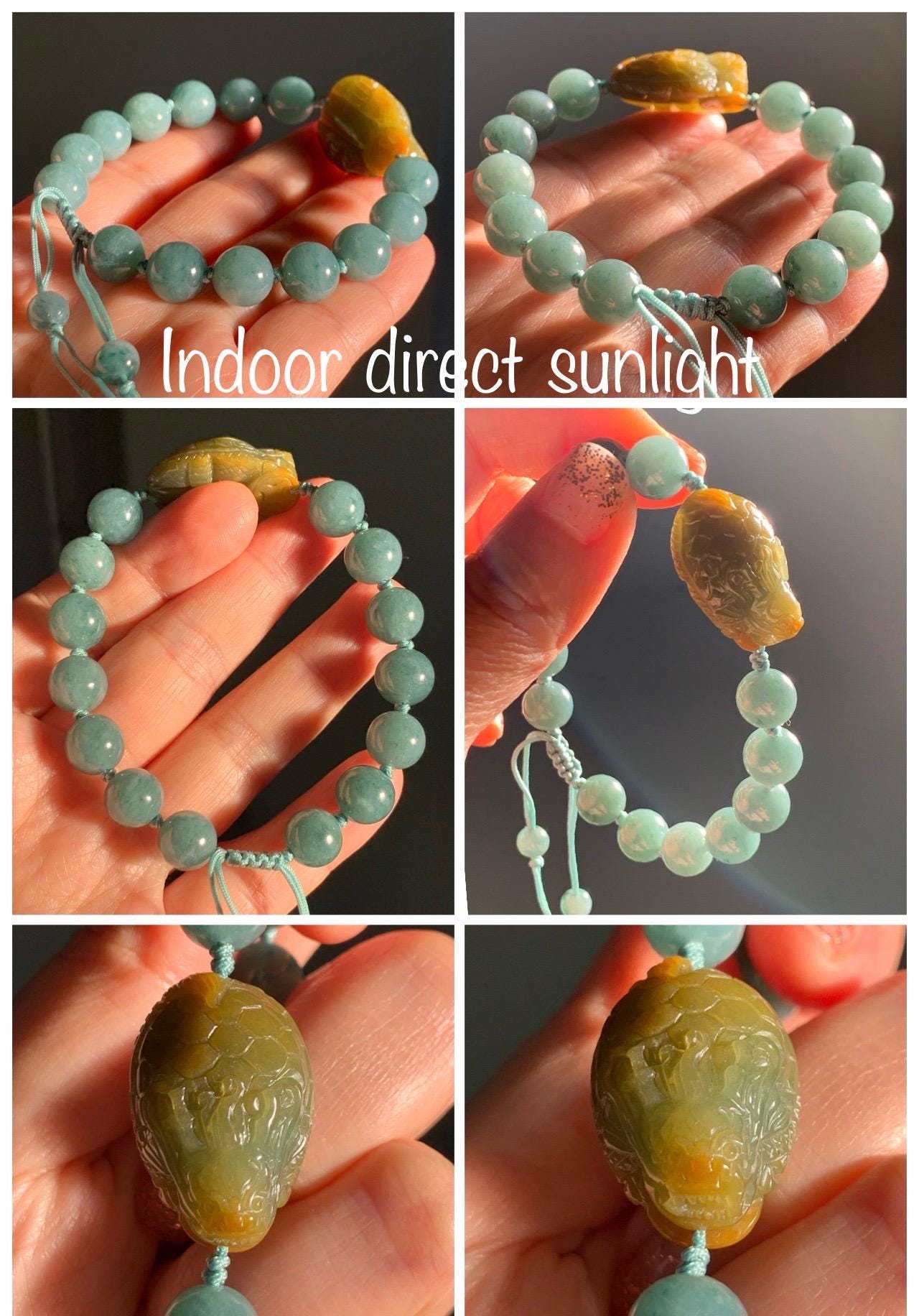 Natural Grade A Guatemalan Translucent Yellow Marbled Jade Jadeite Dragon Turtle Dark Teal Beaded Bracelet 7.75” 33g 天然冰危茶黄翡翠龙龟危蓝圆珠手串 WLG-L