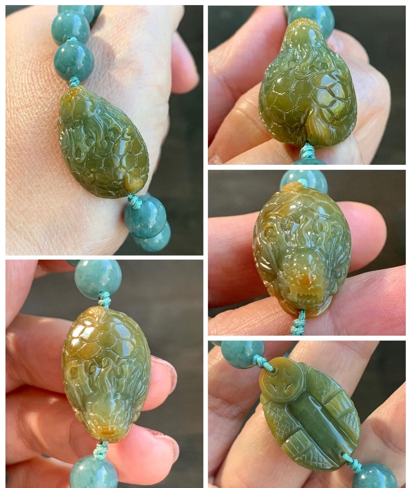 Natural Grade A Guatemalan Translucent Yellow Marbled Jade Jadeite Dragon Turtle Dark Teal Beaded Bracelet 7.75” 33g 天然冰危茶黄翡翠龙龟危蓝圆珠手串 WLG-L