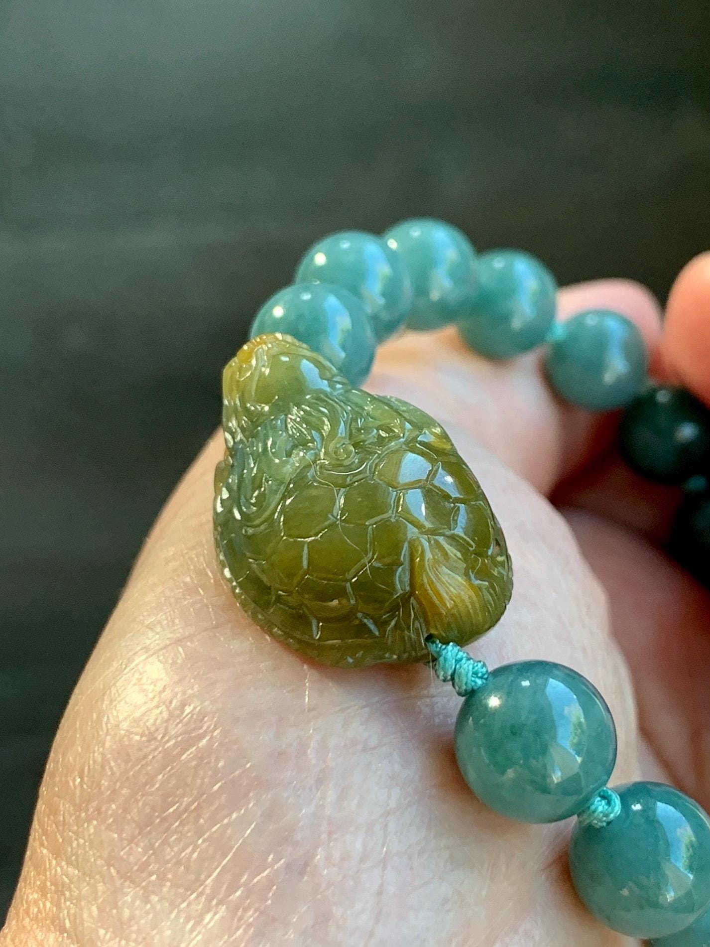 Natural Grade A Guatemalan Translucent Yellow Marbled Jade Jadeite Dragon Turtle Dark Teal Beaded Bracelet 7.75” 33g 天然冰危茶黄翡翠龙龟危蓝圆珠手串 WLG-L