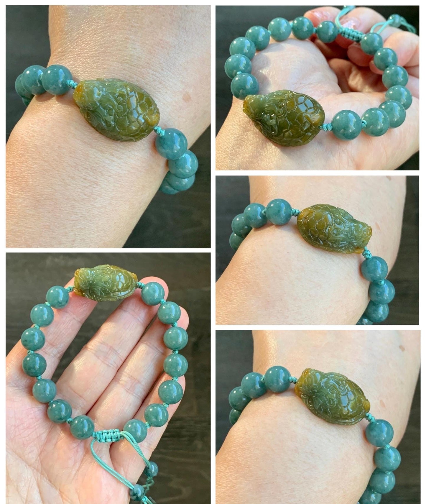 Natural Grade A Guatemalan Translucent Yellow Marbled Jade Jadeite Dragon Turtle Dark Teal Beaded Bracelet 7.75” 33g 天然冰危茶黄翡翠龙龟危蓝圆珠手串 WLG-L