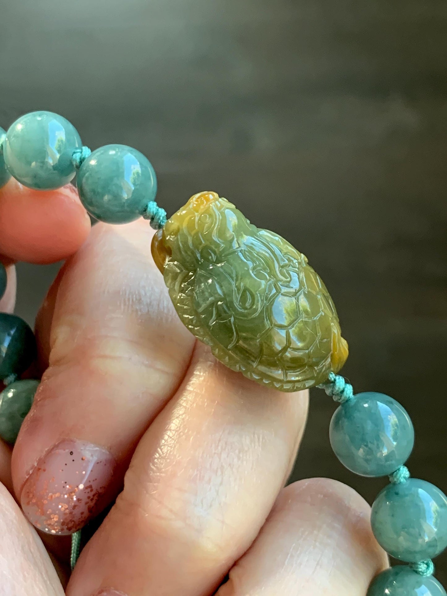 Natural Grade A Guatemalan Translucent Yellow Marbled Jade Jadeite Dragon Turtle Dark Teal Beaded Bracelet 7.75” 33g 天然冰危茶黄翡翠龙龟危蓝圆珠手串 WLG-L