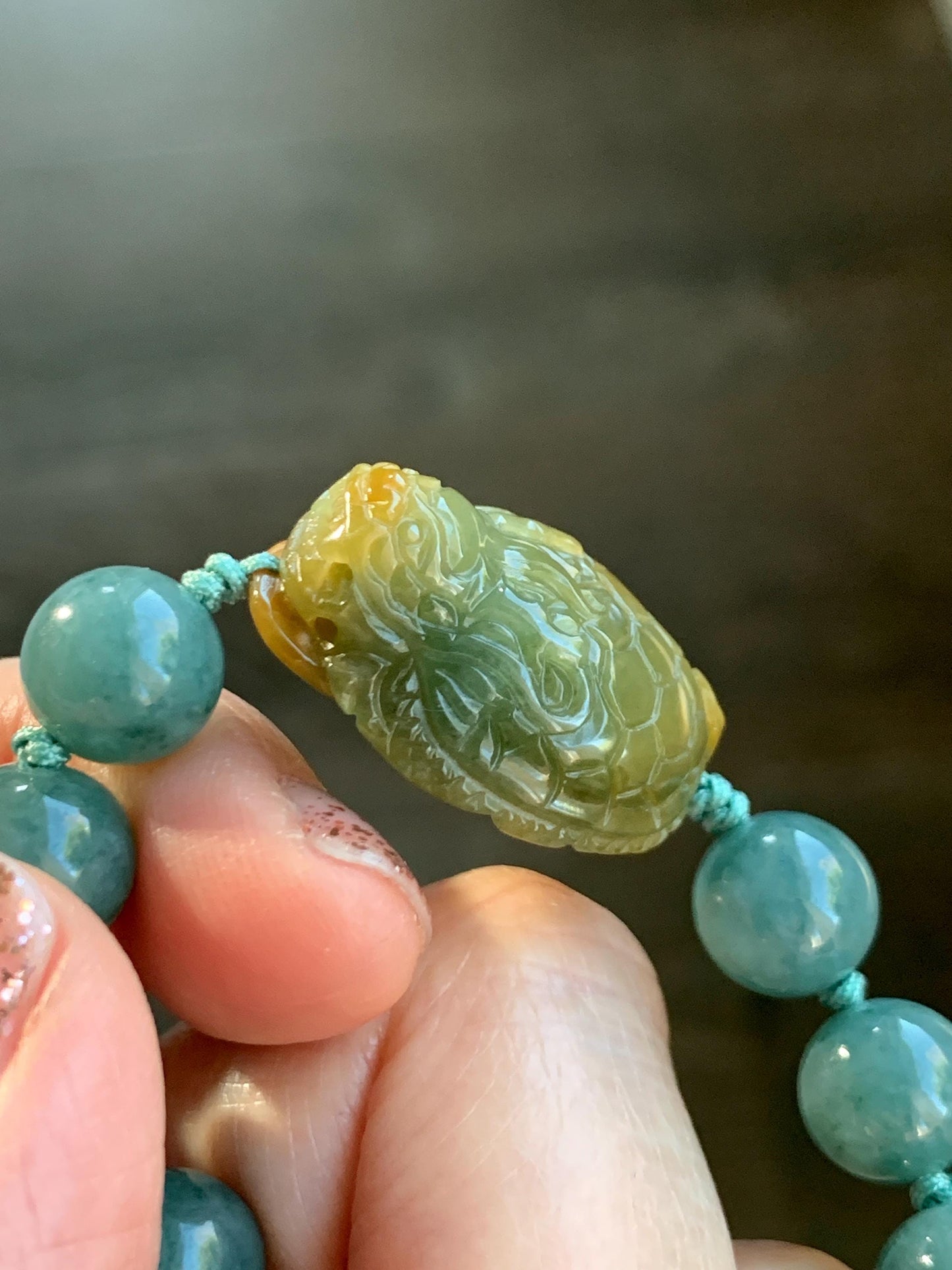Natural Grade A Guatemalan Translucent Yellow Marbled Jade Jadeite Dragon Turtle Dark Teal Beaded Bracelet 7.75” 33g 天然冰危茶黄翡翠龙龟危蓝圆珠手串 WLG-L