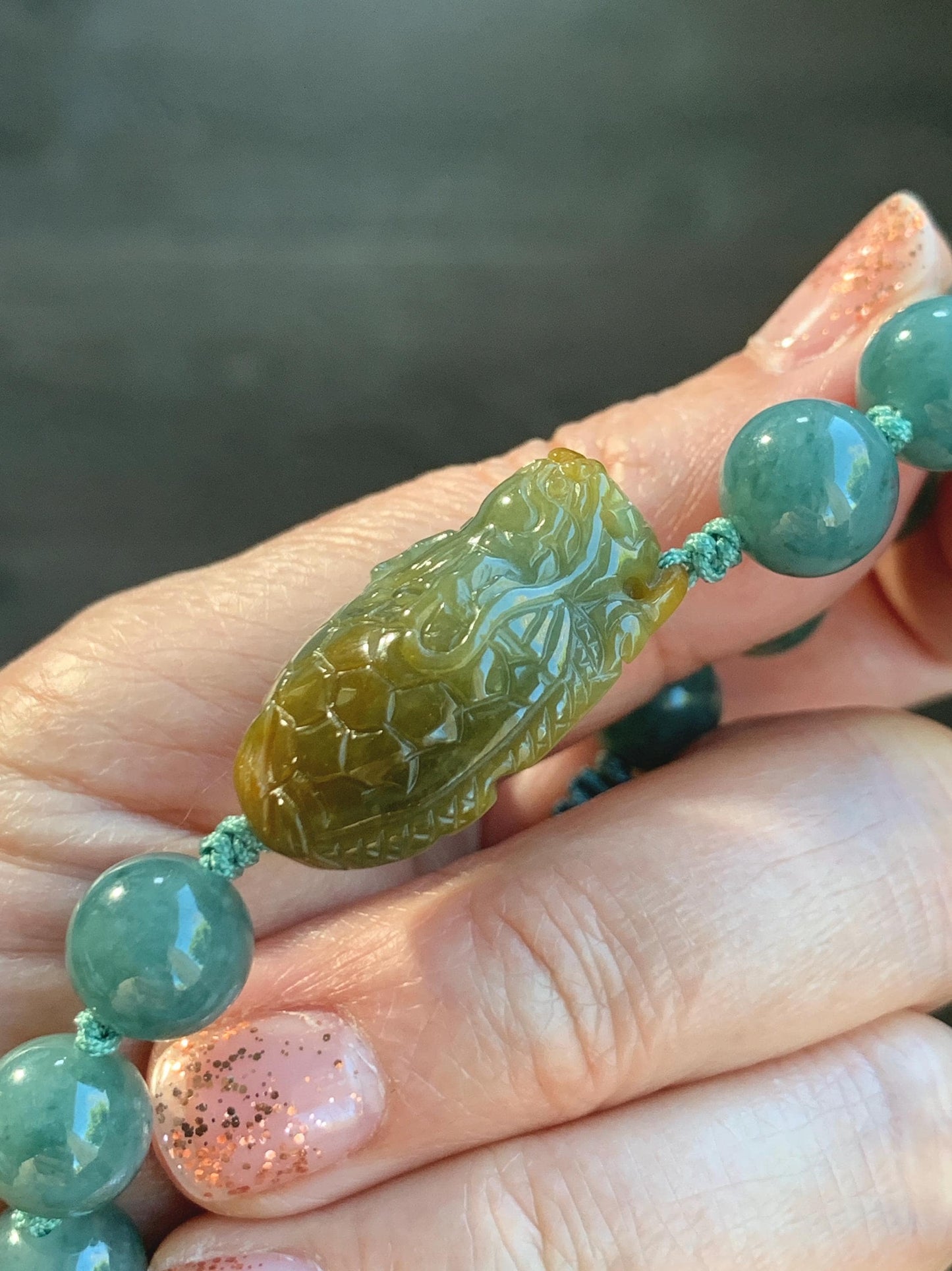 Natural Grade A Guatemalan Translucent Yellow Marbled Jade Jadeite Dragon Turtle Dark Teal Beaded Bracelet 7.75” 33g 天然冰危茶黄翡翠龙龟危蓝圆珠手串 WLG-L
