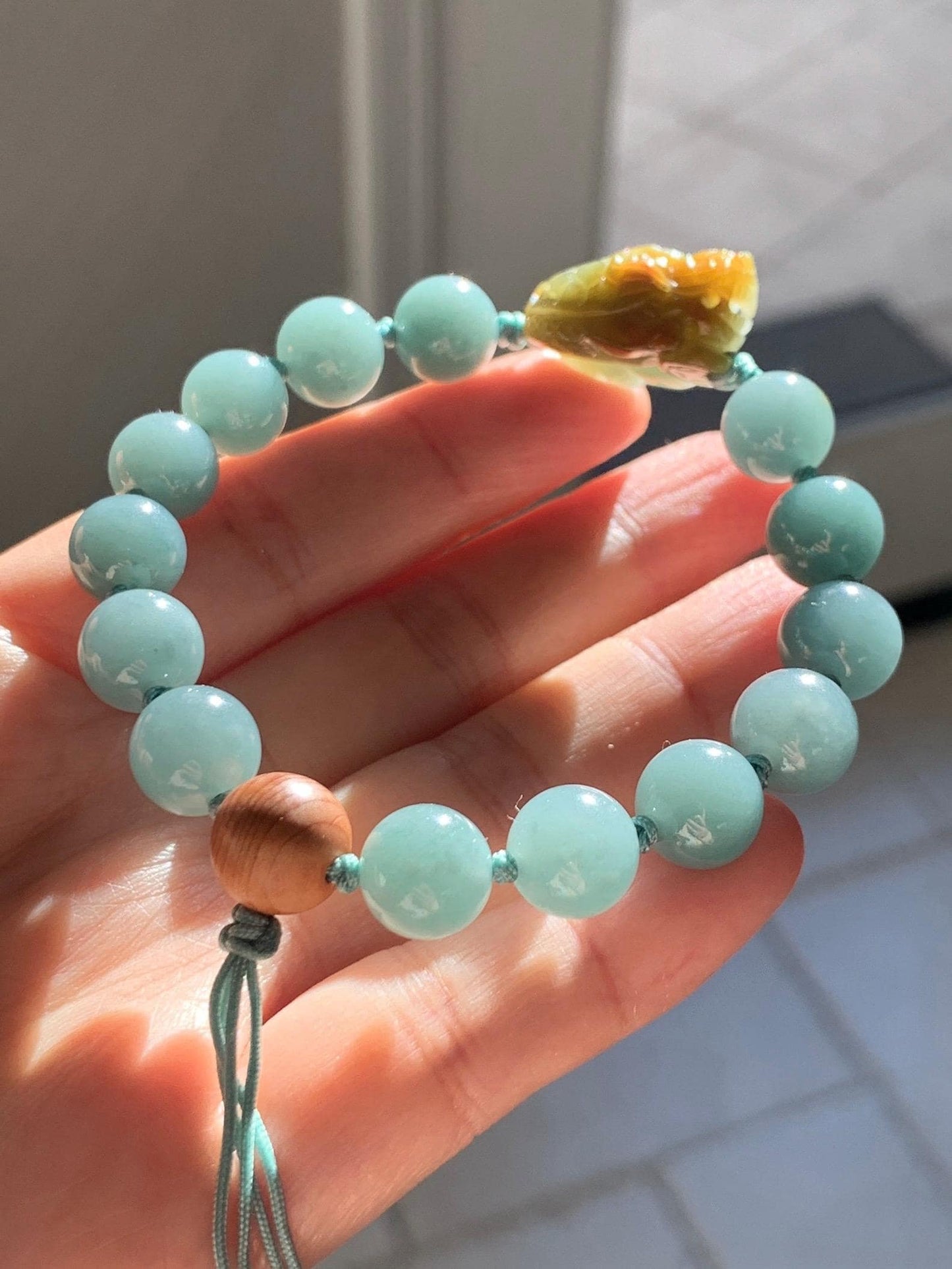 Natural Grade A Guatemalan Translucent Yellow Marbled Jade Jadeite Dragon Turtle Dusty Teal Beaded Bracelet 7.25” 29g 天然冰危茶黄翡翠龙龟危蓝圆珠手串 WLG-X