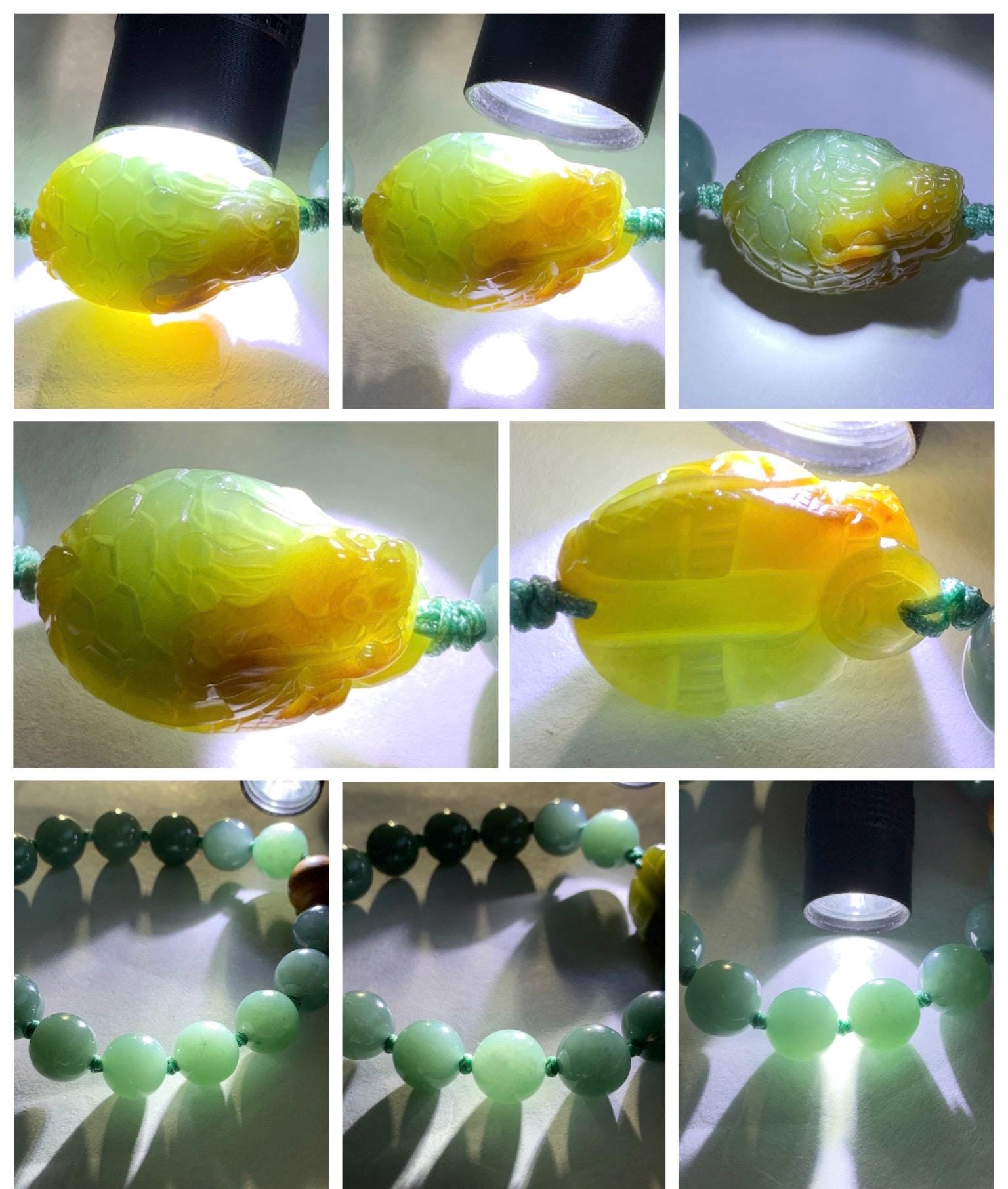Natural Grade A Guatemalan Translucent Yellow Marbled Jade Jadeite Dragon Turtle Dusty Teal Beaded Bracelet 7.25” 29g 天然冰危茶黄翡翠龙龟危蓝圆珠手串 WLG-X