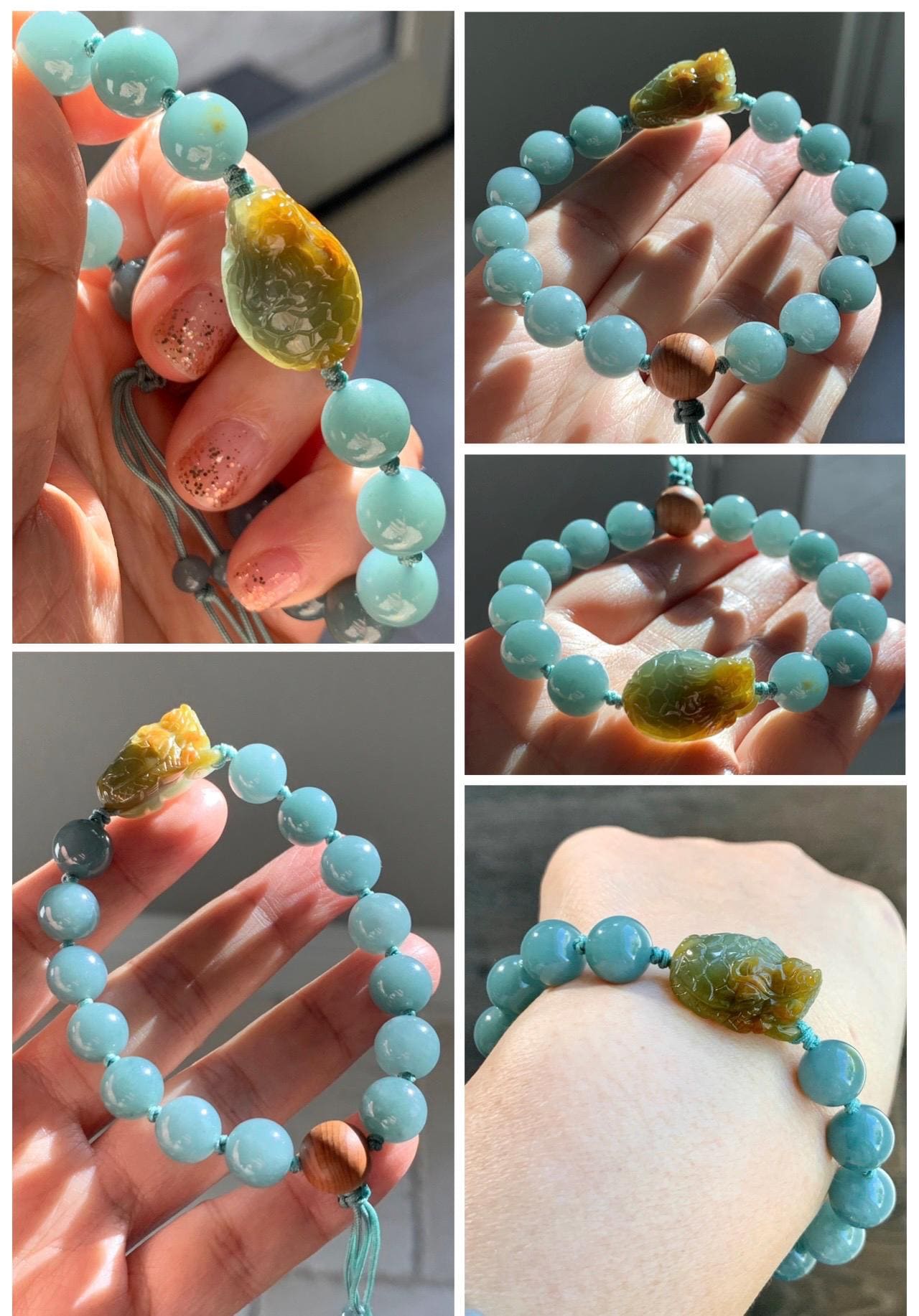 Natural Grade A Guatemalan Translucent Yellow Marbled Jade Jadeite Dragon Turtle Dusty Teal Beaded Bracelet 7.25” 29g 天然冰危茶黄翡翠龙龟危蓝圆珠手串 WLG-X