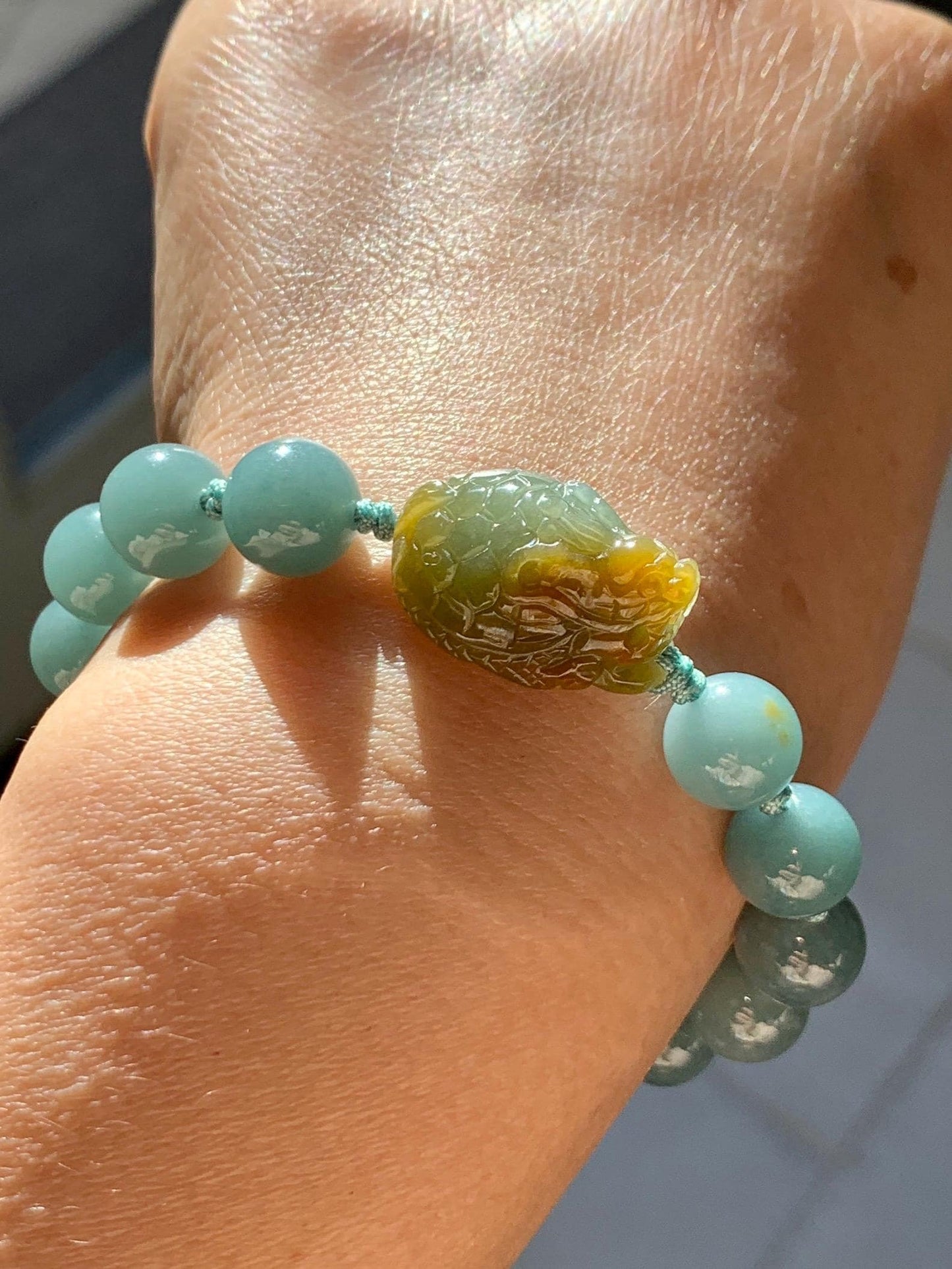 Natural Grade A Guatemalan Translucent Yellow Marbled Jade Jadeite Dragon Turtle Dusty Teal Beaded Bracelet 7.25” 29g 天然冰危茶黄翡翠龙龟危蓝圆珠手串 WLG-X