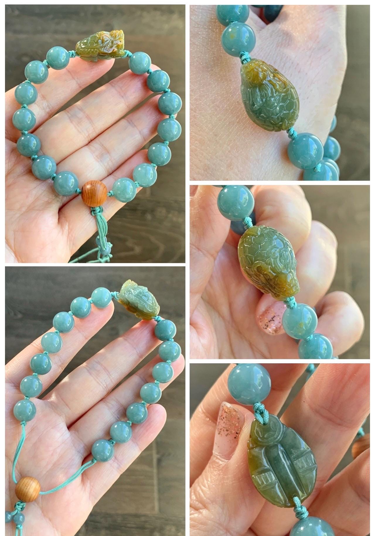Natural Grade A Guatemalan Translucent Yellow Marbled Jade Jadeite Dragon Turtle Dusty Teal Beaded Bracelet 7.25” 29g 天然冰危茶黄翡翠龙龟危蓝圆珠手串 WLG-X