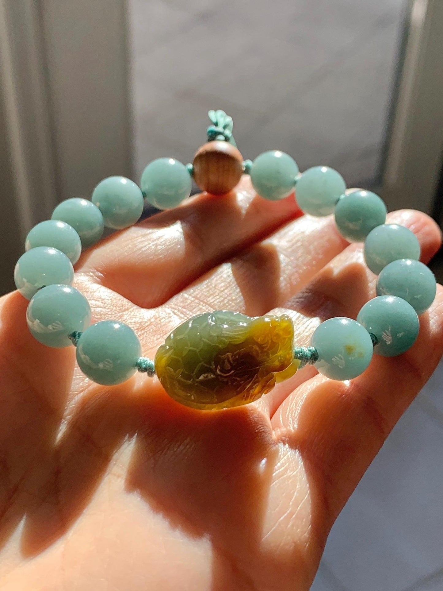 Natural Grade A Guatemalan Translucent Yellow Marbled Jade Jadeite Dragon Turtle Dusty Teal Beaded Bracelet 7.25” 29g 天然冰危茶黄翡翠龙龟危蓝圆珠手串 WLG-X
