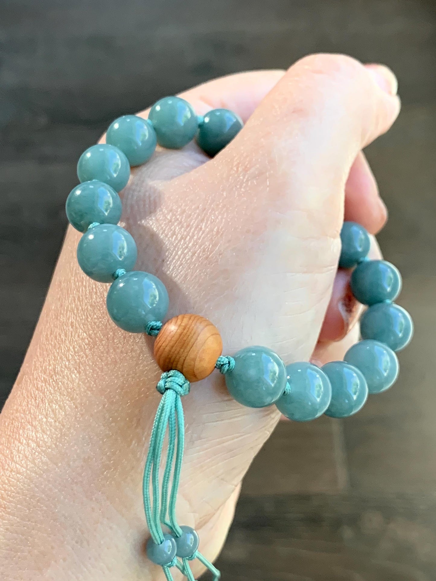 Natural Grade A Guatemalan Translucent Yellow Marbled Jade Jadeite Dragon Turtle Dusty Teal Beaded Bracelet 7.25” 29g 天然冰危茶黄翡翠龙龟危蓝圆珠手串 WLG-X