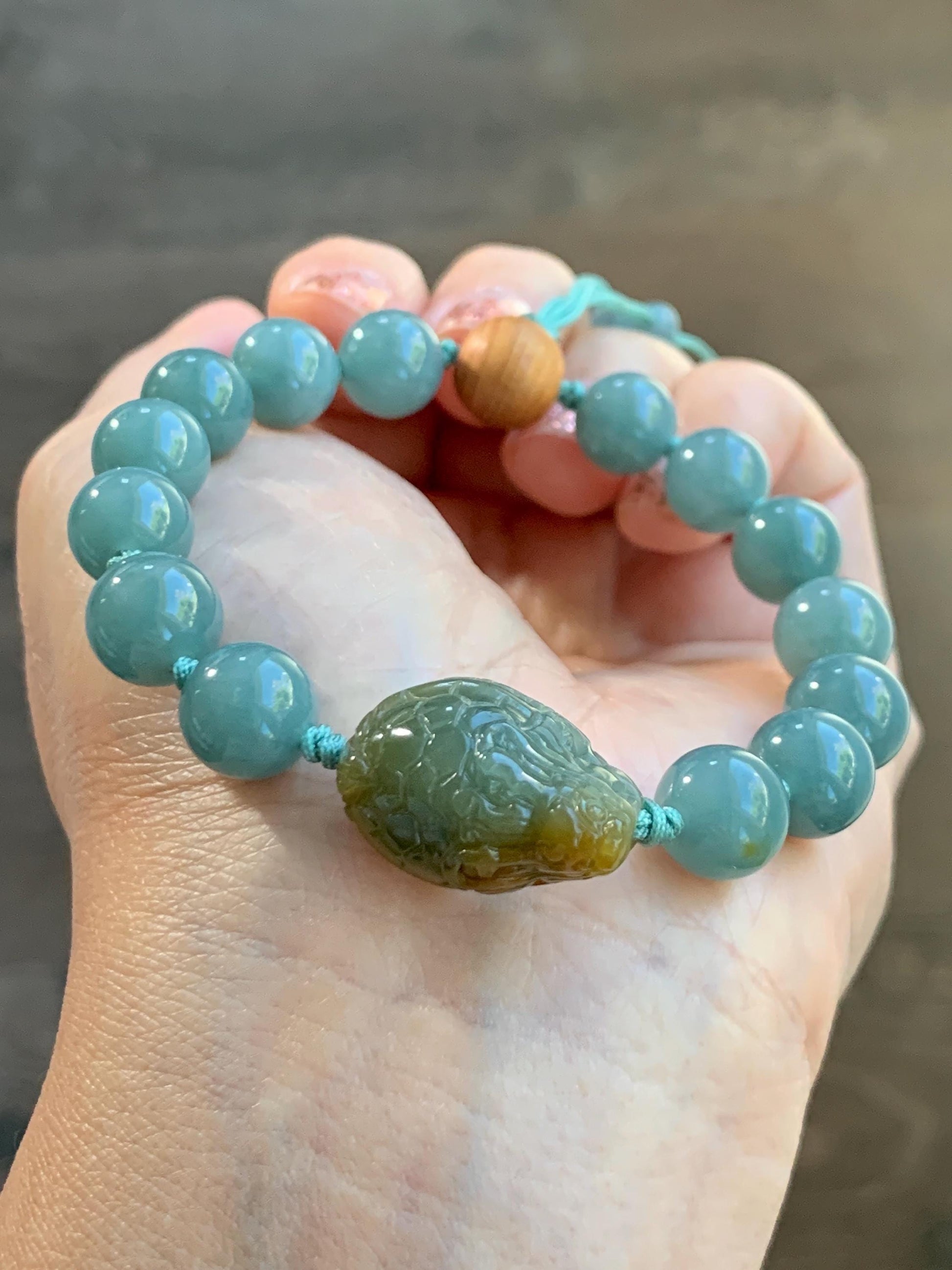 Natural Grade A Guatemalan Translucent Yellow Marbled Jade Jadeite Dragon Turtle Dusty Teal Beaded Bracelet 7.25” 29g 天然冰危茶黄翡翠龙龟危蓝圆珠手串 WLG-X