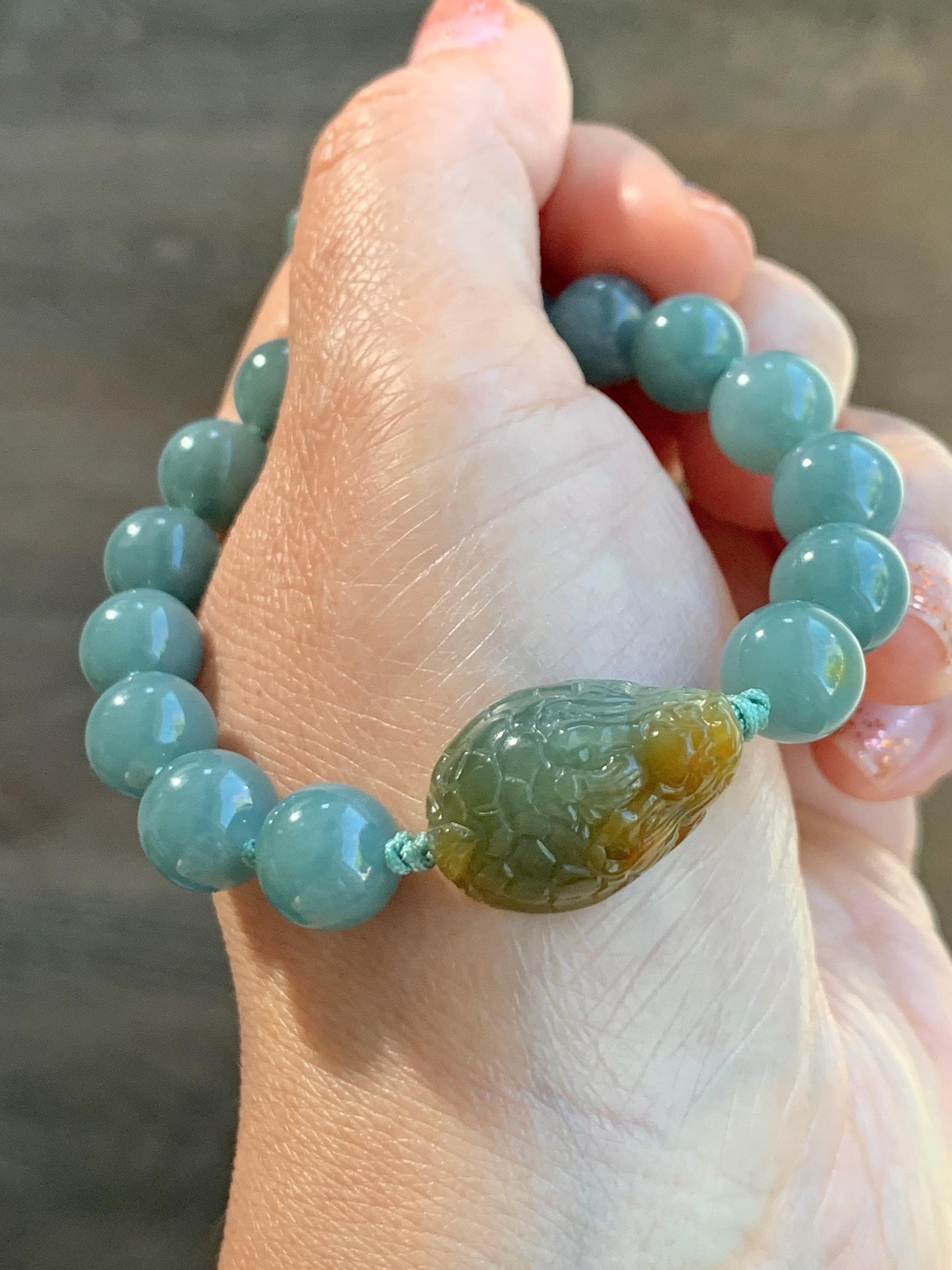 Natural Grade A Guatemalan Translucent Yellow Marbled Jade Jadeite Dragon Turtle Dusty Teal Beaded Bracelet 7.25” 29g 天然冰危茶黄翡翠龙龟危蓝圆珠手串 WLG-X