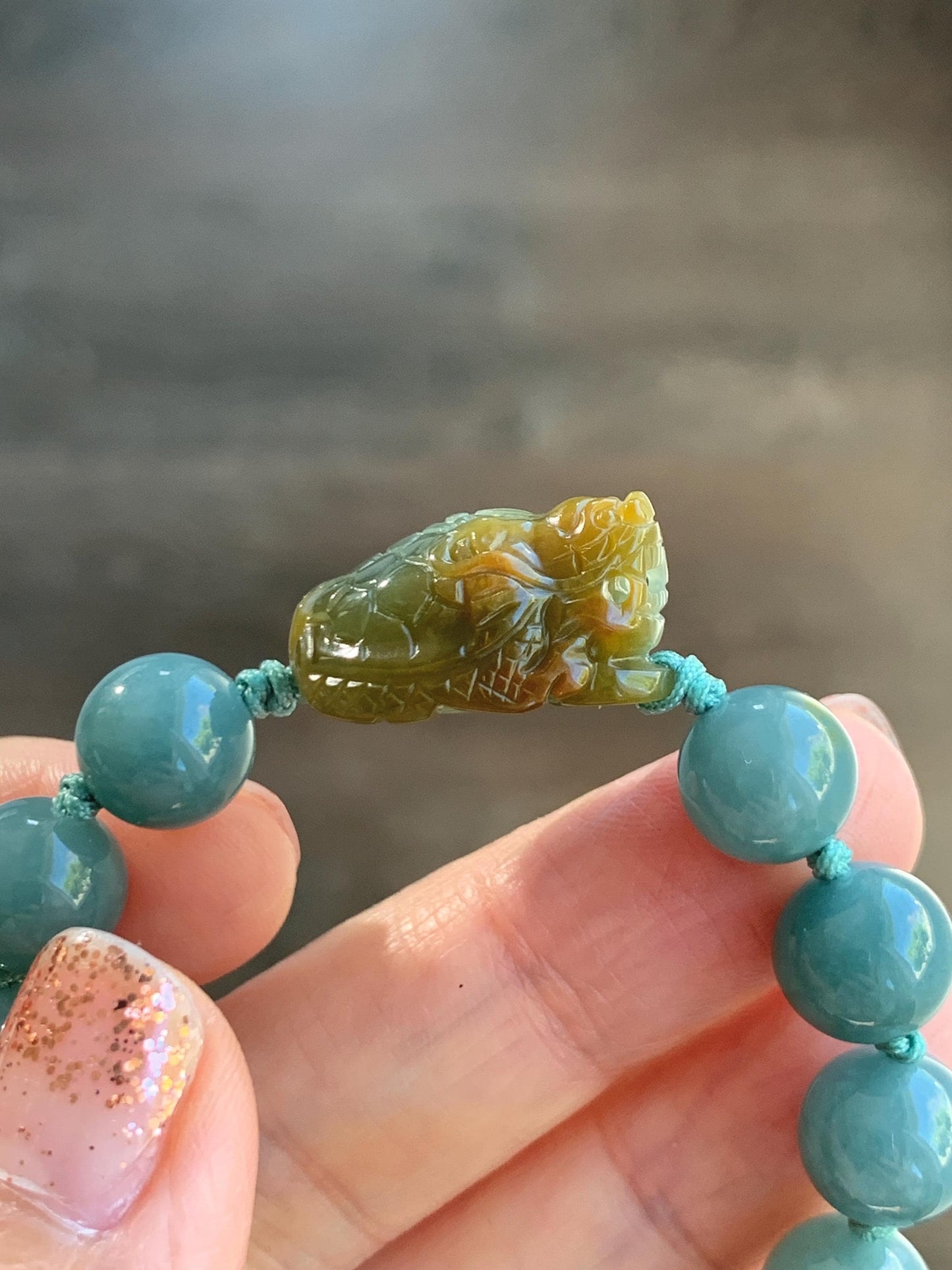 Natural Grade A Guatemalan Translucent Yellow Marbled Jade Jadeite Dragon Turtle Dusty Teal Beaded Bracelet 7.25” 29g 天然冰危茶黄翡翠龙龟危蓝圆珠手串 WLG-X