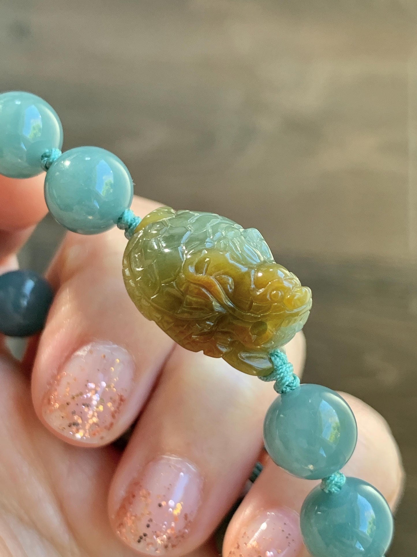 Natural Grade A Guatemalan Translucent Yellow Marbled Jade Jadeite Dragon Turtle Dusty Teal Beaded Bracelet 7.25” 29g 天然冰危茶黄翡翠龙龟危蓝圆珠手串 WLG-X