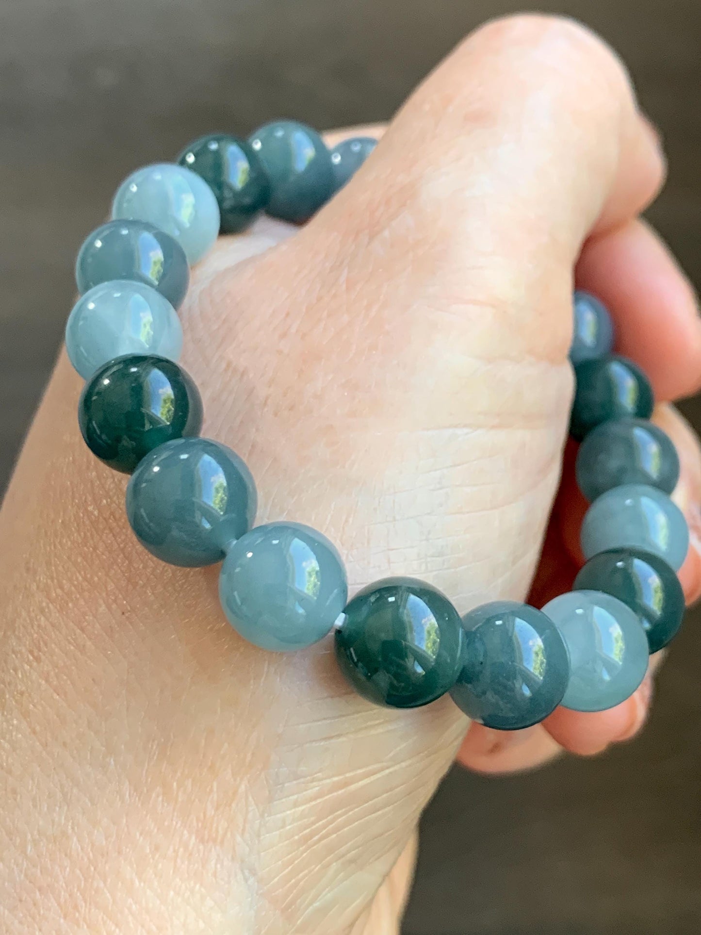 Natural Grade A Guatemalan Icy Translucent Dusty Teal Blue Multicolored Jade Jadeite Beaded Bracelet 9.7mm 7” 31g 天然冰危蓝水多宝翡翠手串 WDB150A