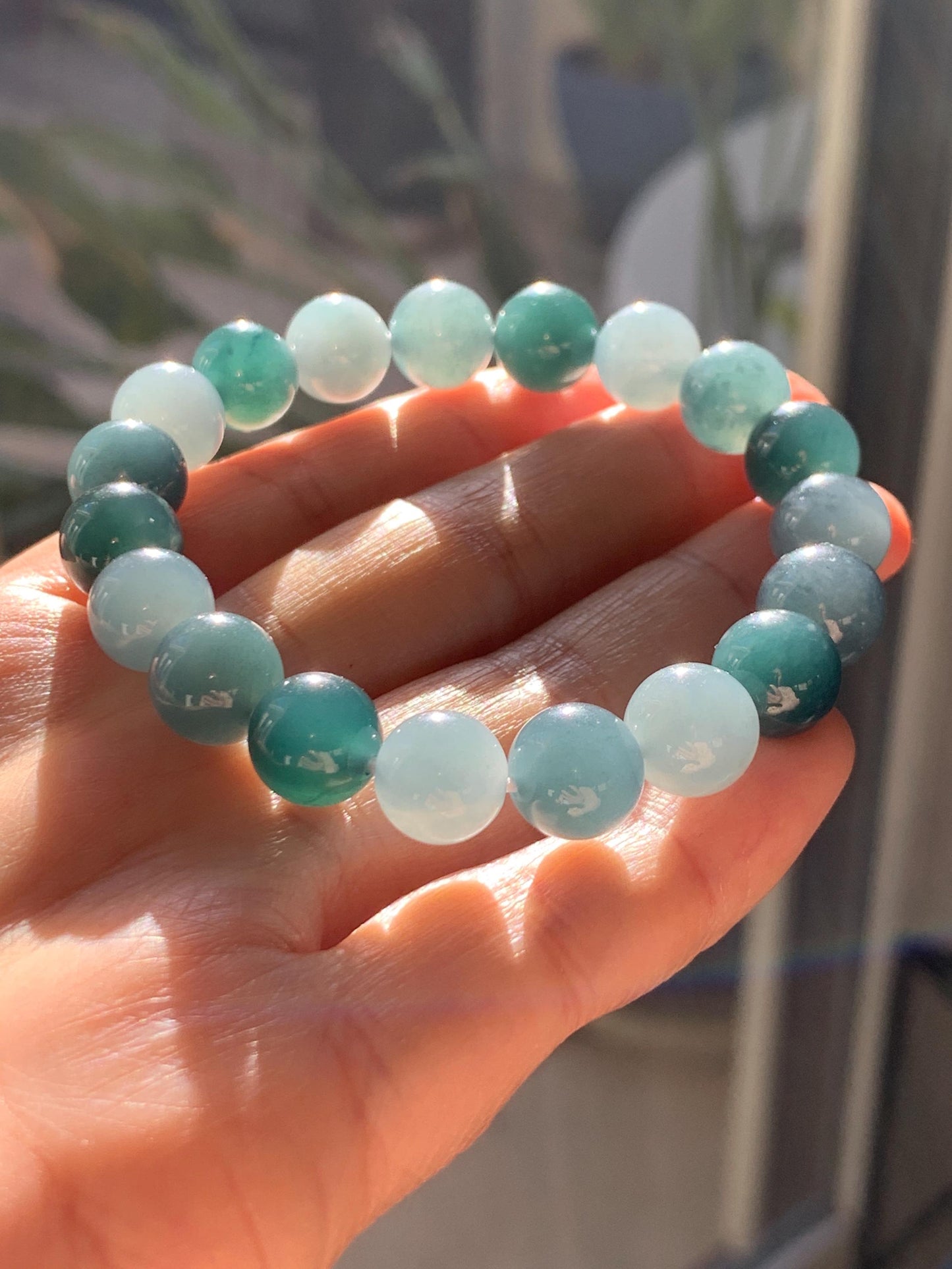 Natural Grade A Guatemalan Icy Translucent Dusty Teal Blue Multicolored Jade Jadeite Beaded Bracelet 9.7mm 7” 31g 天然冰危蓝水多宝翡翠手串 WDB150A