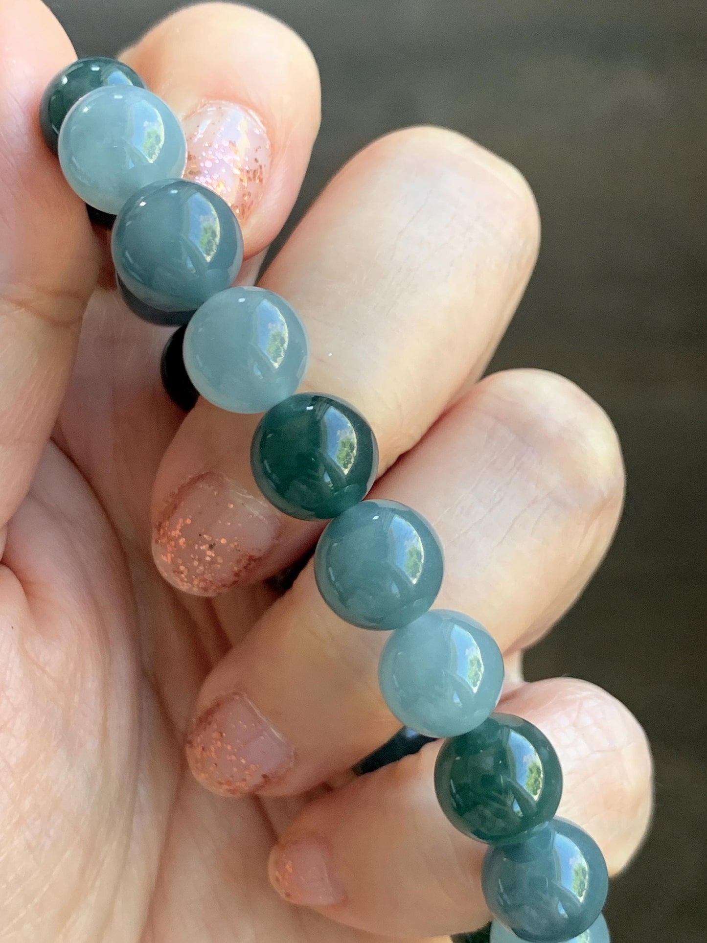 Natural Grade A Guatemalan Icy Translucent Dusty Teal Blue Multicolored Jade Jadeite Beaded Bracelet 9.7mm 7” 31g 天然冰危蓝水多宝翡翠手串 WDB150A