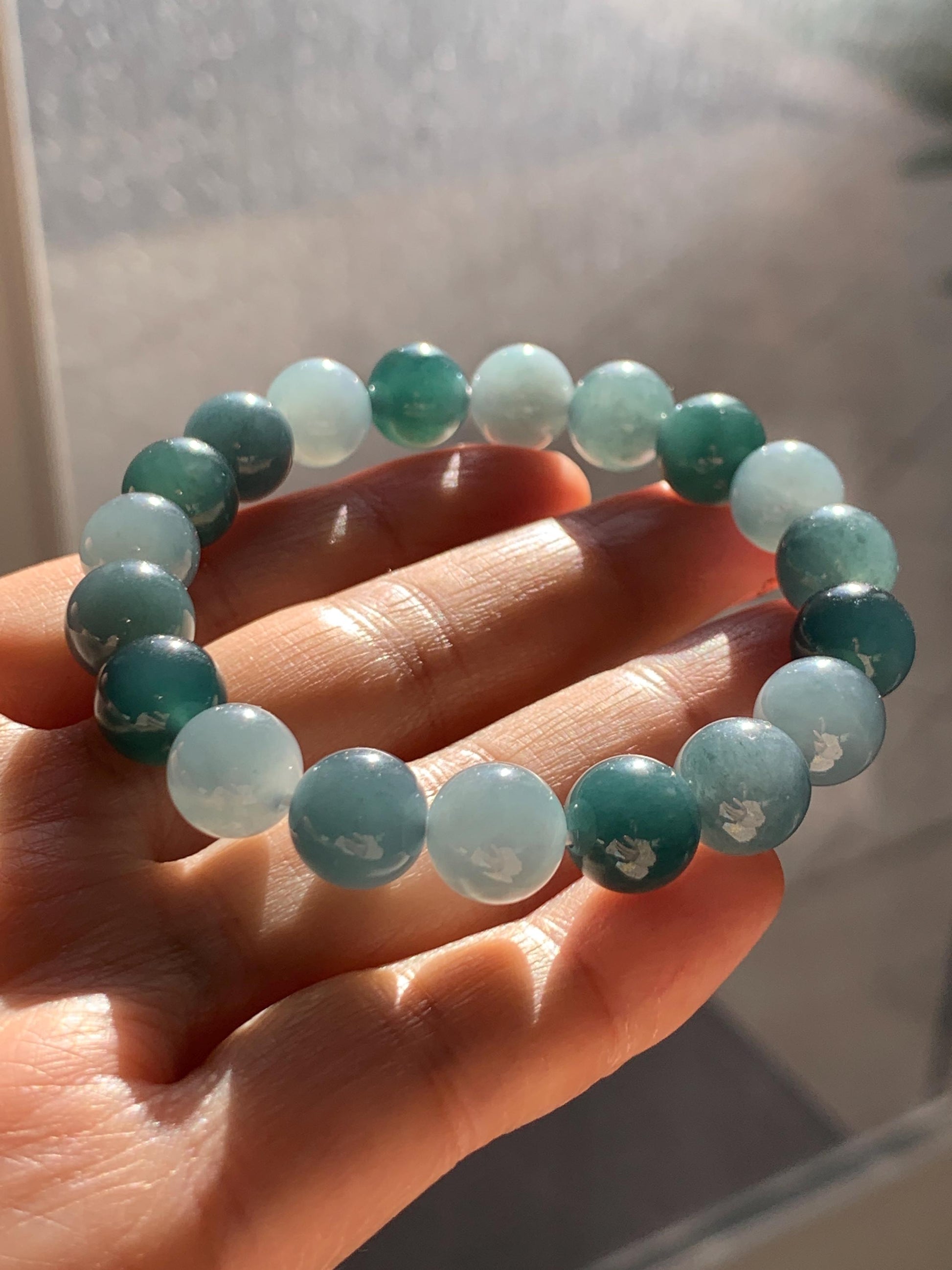 Natural Grade A Guatemalan Icy Translucent Dusty Teal Blue Multicolored Jade Jadeite Beaded Bracelet 9.7mm 7” 31g 天然冰危蓝水多宝翡翠手串 WDB150A