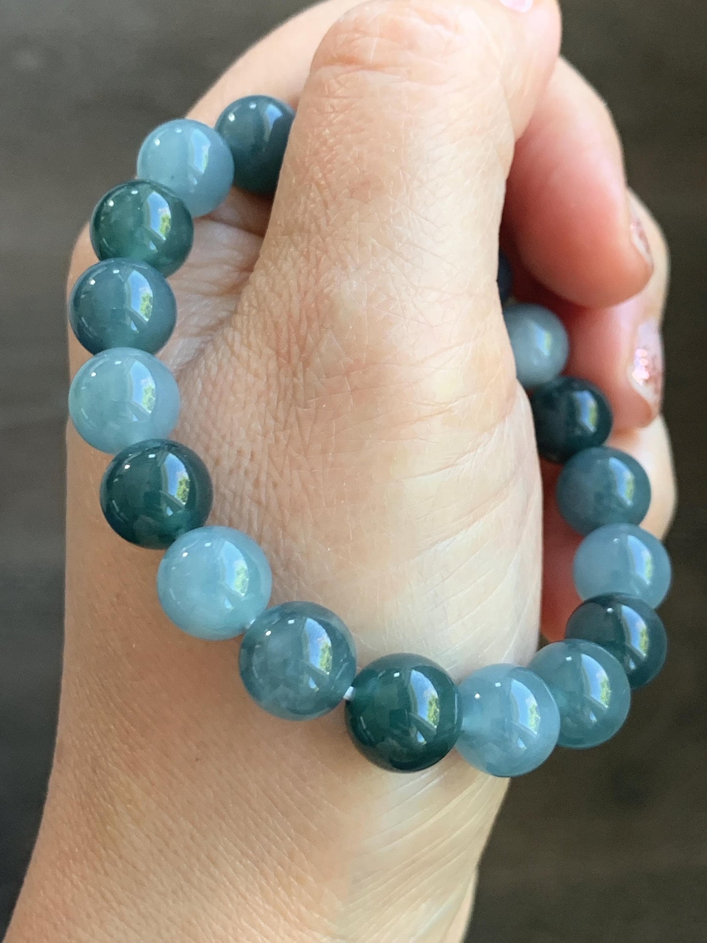 Natural Grade A Guatemalan Icy Translucent Dusty Teal Blue Multicolored Jade Jadeite Beaded Bracelet 9.7mm 7” 31g 天然冰危蓝水多宝翡翠手串 WDB150A