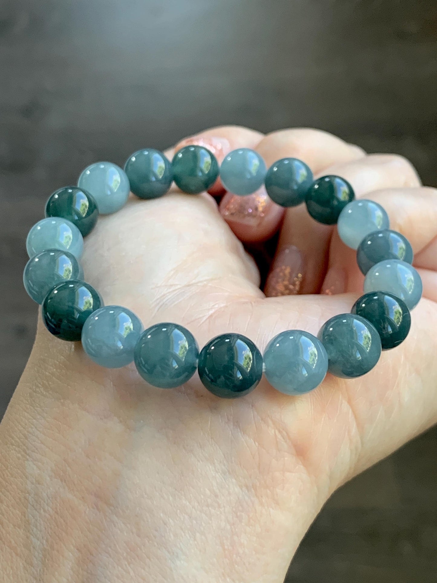 Natural Grade A Guatemalan Icy Translucent Dusty Teal Blue Multicolored Jade Jadeite Beaded Bracelet 9.7mm 7” 31g 天然冰危蓝水多宝翡翠手串 WDB150A