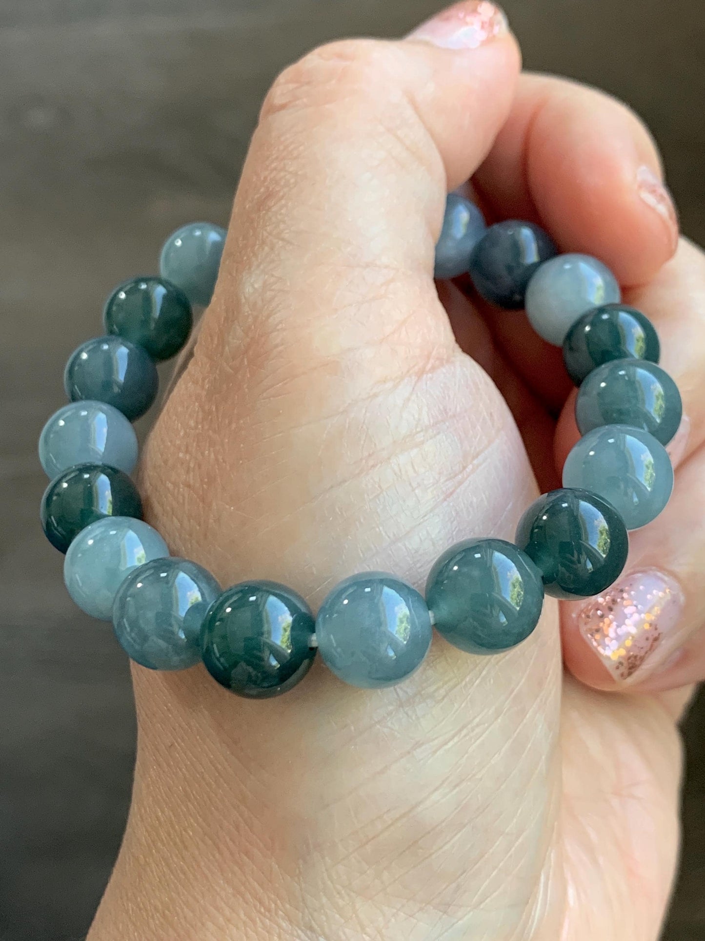 Natural Grade A Guatemalan Icy Translucent Dusty Teal Blue Multicolored Jade Jadeite Beaded Bracelet 9.7mm 7” 31g 天然冰危蓝水多宝翡翠手串 WDB150A