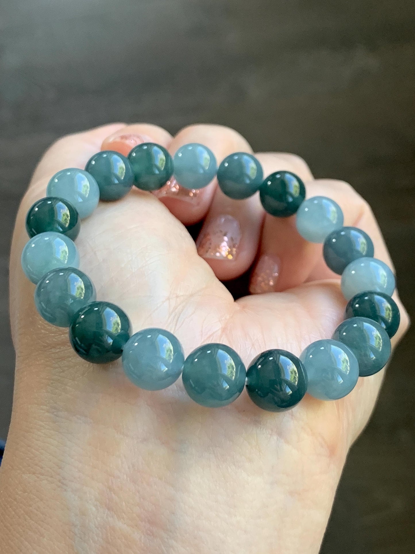 Natural Grade A Guatemalan Icy Translucent Dusty Teal Blue Multicolored Jade Jadeite Beaded Bracelet 9.7mm 7” 31g 天然冰危蓝水多宝翡翠手串 WDB150A