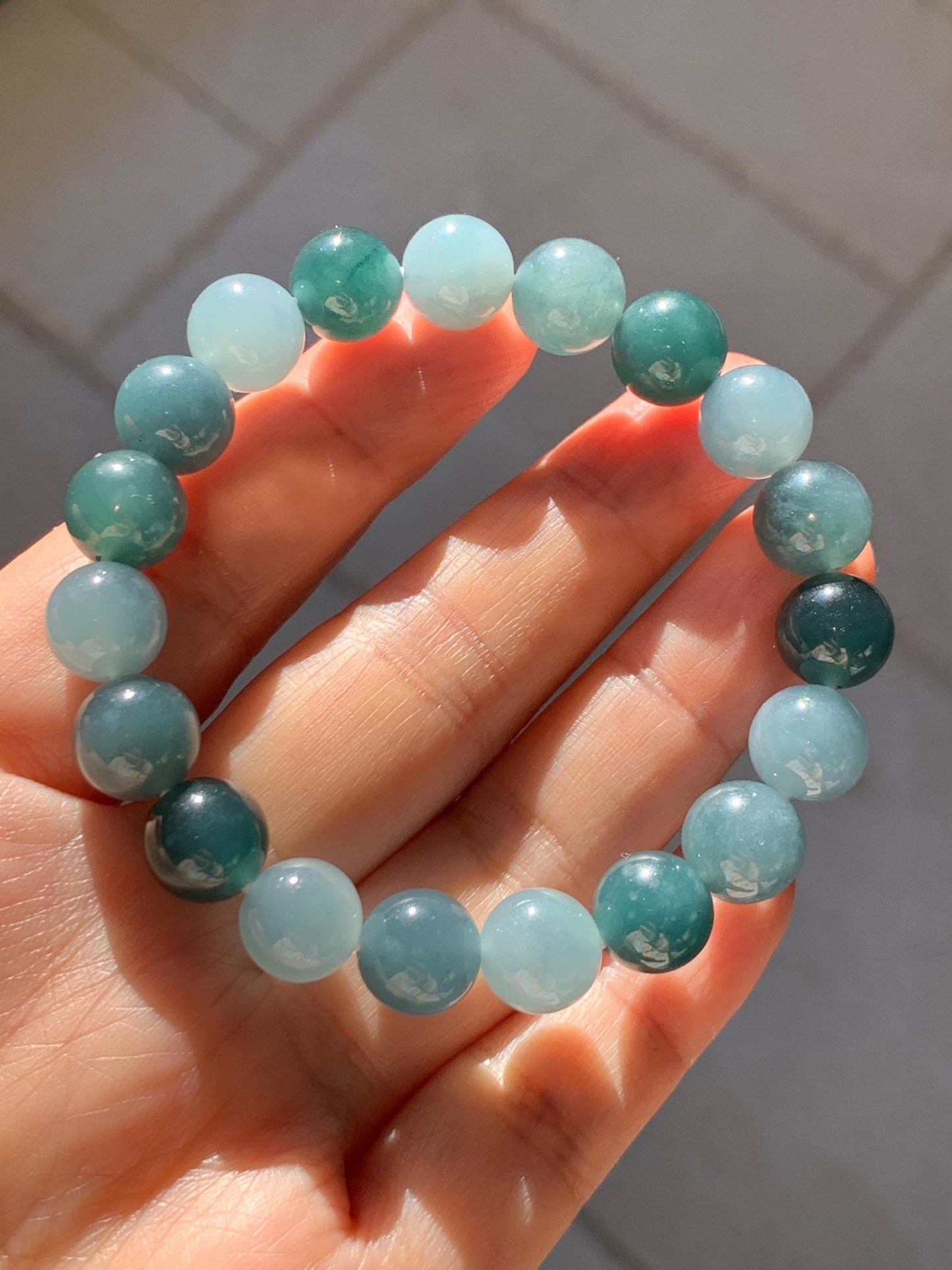 Natural Grade A Guatemalan Icy Translucent Dusty Teal Blue Multicolored Jade Jadeite Beaded Bracelet 9.7mm 7” 31g 天然冰危蓝水多宝翡翠手串 WDB150A