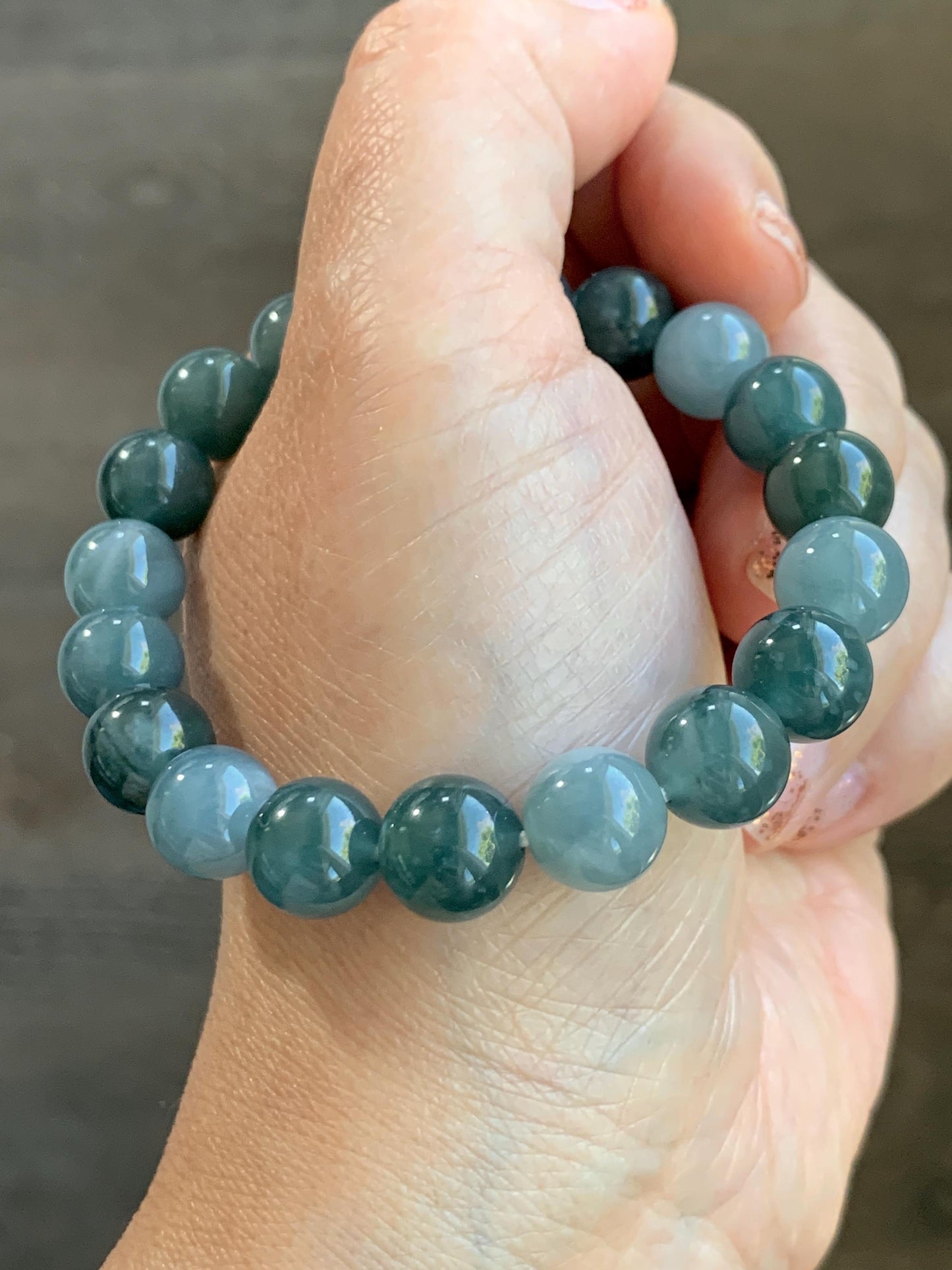 Natural Grade A Guatemalan Icy Translucent Dusty Teal Blue Multicolored Jade Jadeite Beaded Bracelet 9.7mm 7” 31g 天然冰危蓝水多宝翡翠手串 WDB150B