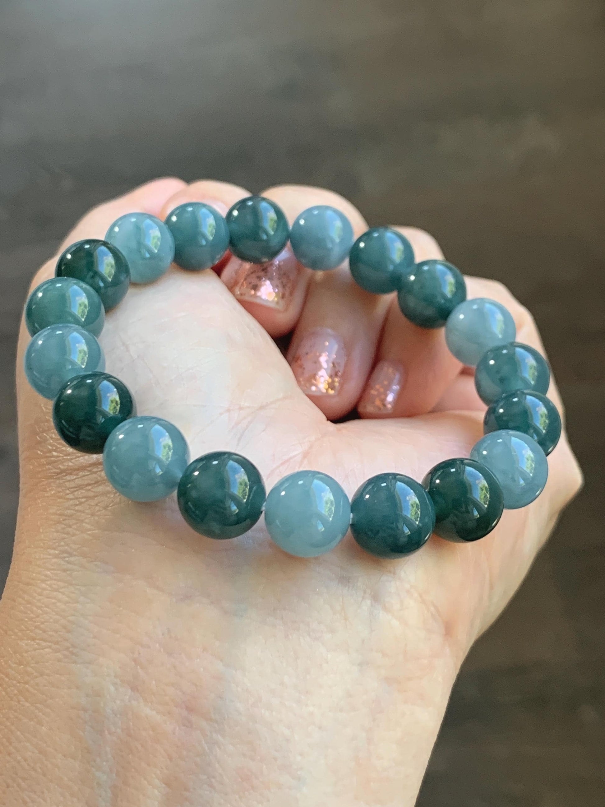 Natural Grade A Guatemalan Icy Translucent Dusty Teal Blue Multicolored Jade Jadeite Beaded Bracelet 9.7mm 7” 31g 天然冰危蓝水多宝翡翠手串 WDB150B