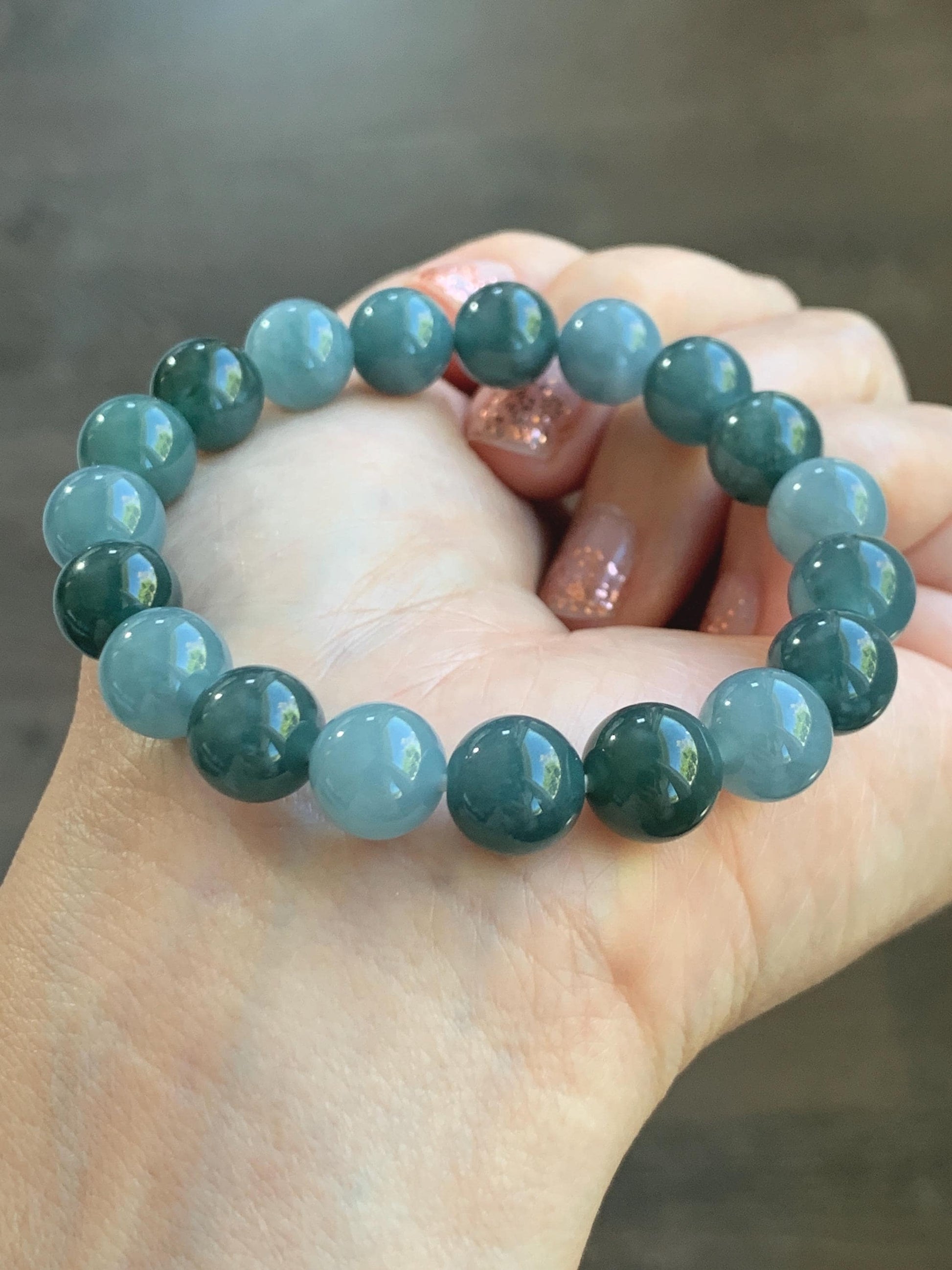 Natural Grade A Guatemalan Icy Translucent Dusty Teal Blue Multicolored Jade Jadeite Beaded Bracelet 9.7mm 7” 31g 天然冰危蓝水多宝翡翠手串 WDB150B