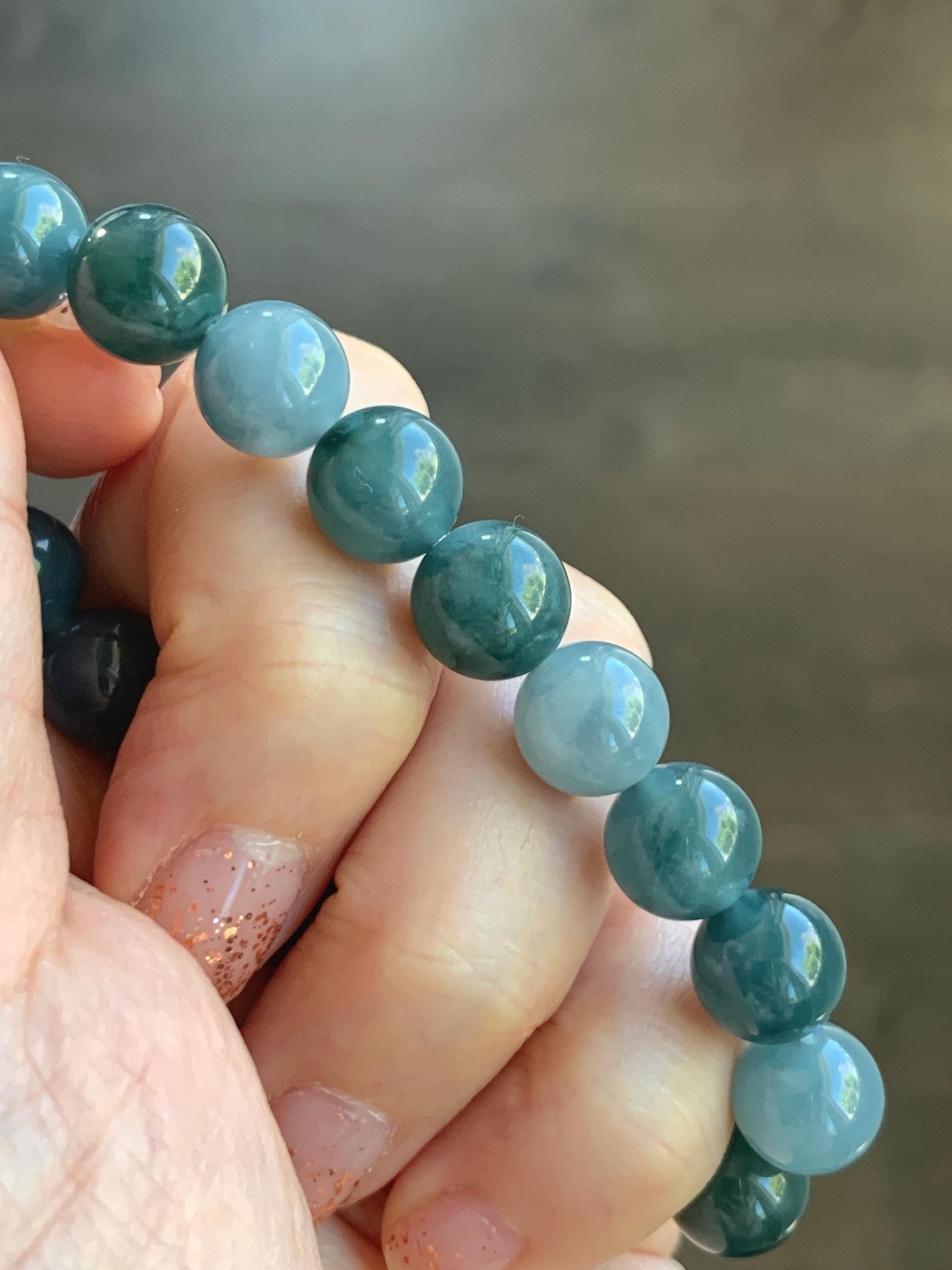 Natural Grade A Guatemalan Icy Translucent Dusty Teal Blue Multicolored Jade Jadeite Beaded Bracelet 9.7mm 7” 31g 天然冰危蓝水多宝翡翠手串 WDB150B