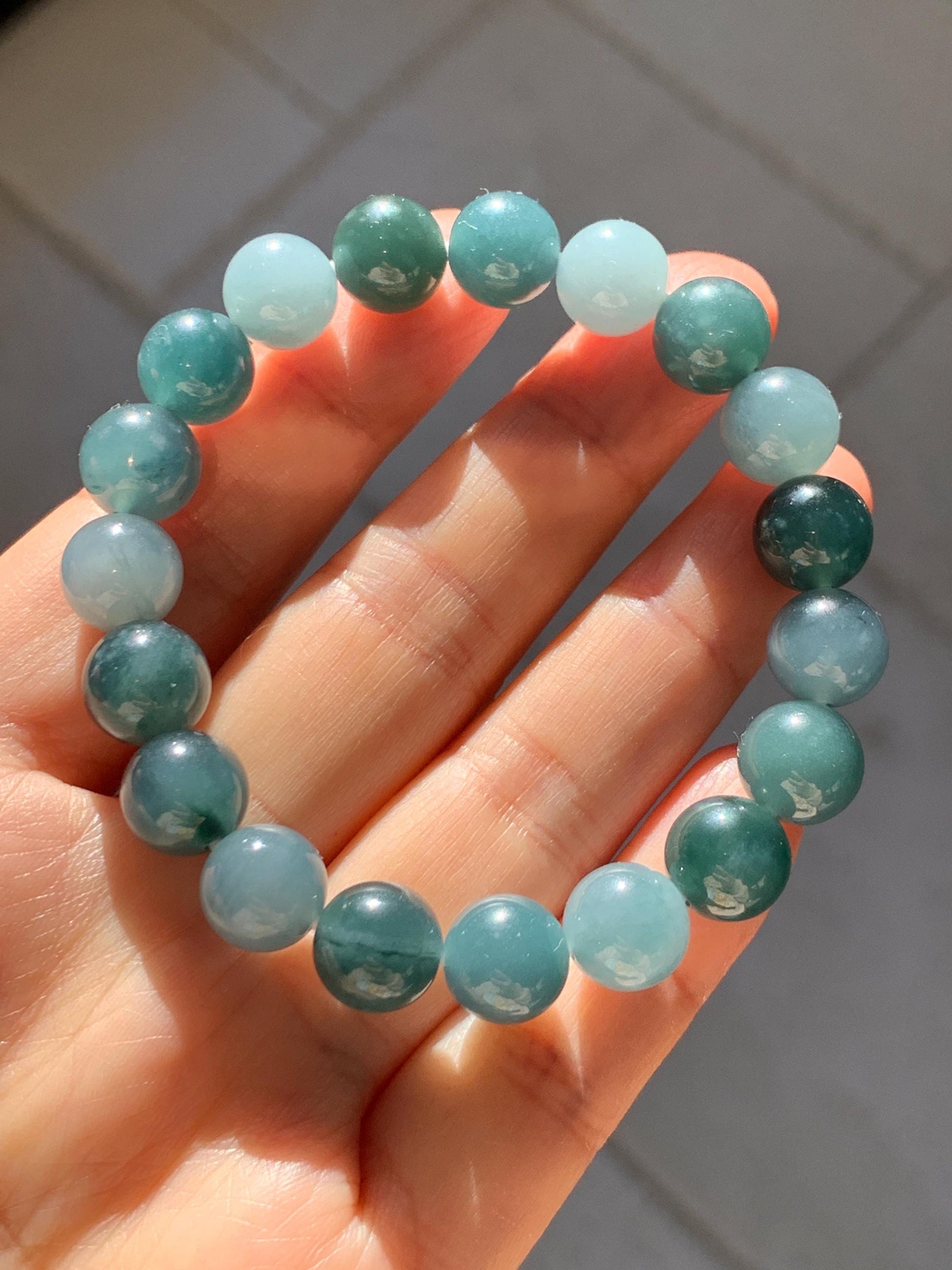 Natural Grade A Guatemalan Icy Translucent Dusty Teal Blue Multicolored Jade Jadeite Beaded Bracelet 9.7mm 7” 31g 天然冰危蓝水多宝翡翠手串 WDB150B